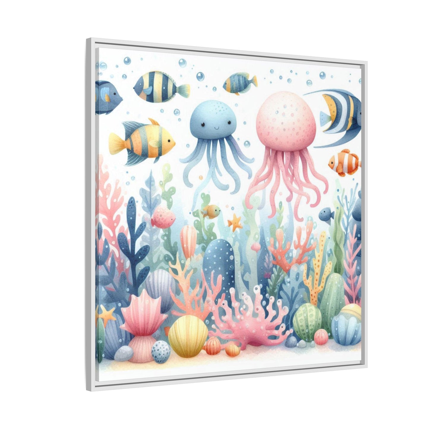 Whimsical Nursery Decor Pastel Underwater Design Unique Sweet Baby Room Framed Canvas Ocean Fish Print Unisex Baby Shower Octopus Gift