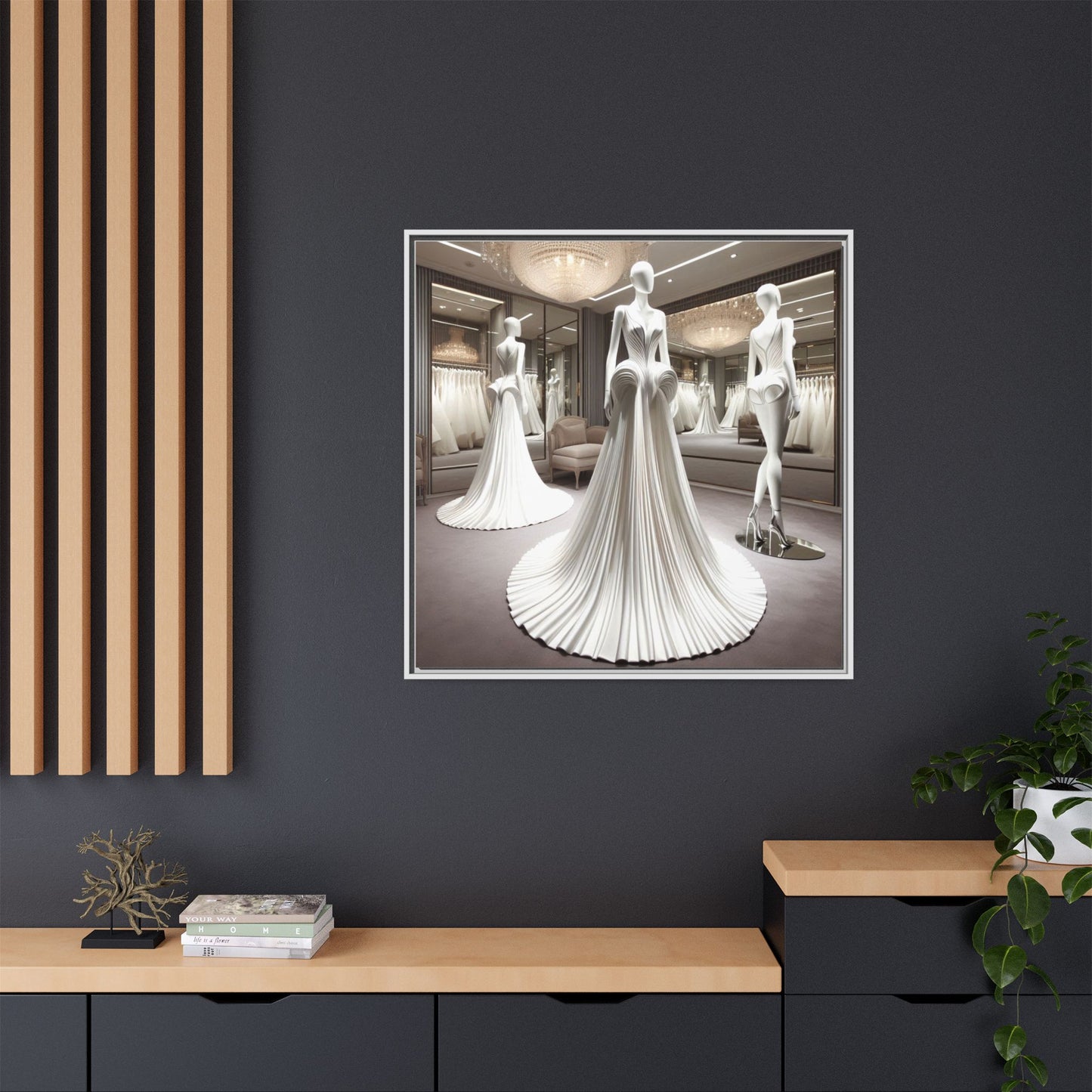 Futuristic Modern Wedding Dress Framed Canvas Print Wall Art Unique Fashion Designer Haute Couture Fashionista Gift Decor 3 Frame Colors