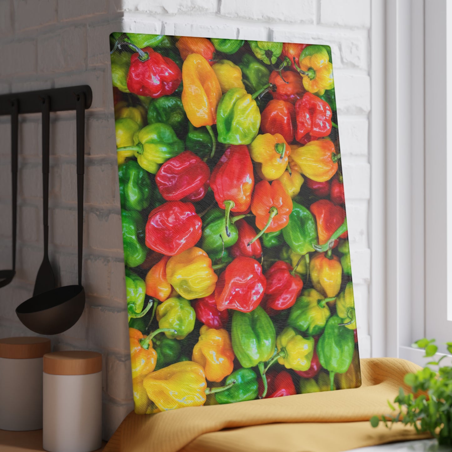 Kitchen Decor Glass Cutting Board Serving Tray with Scotch Bonnet Peppers Design Cutting Board Gift for Spicy Home Cook Charcuterie Board