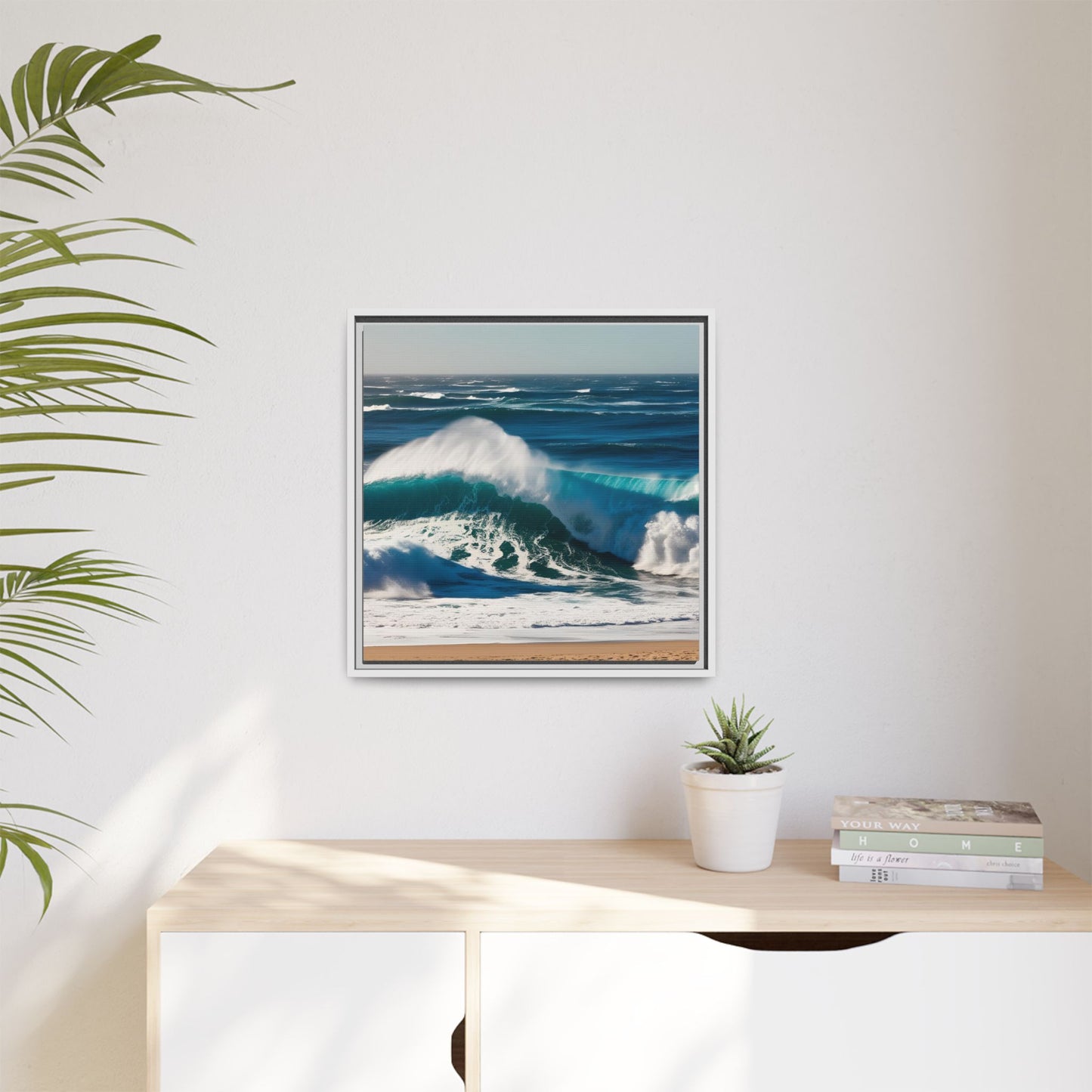 Peaceful Ocean Waves at the Beach Calm Sunny Day Framed Canvas Wall Art Vacation Oceanic Gift Nature Lover Zen Decor Gift 3 frame colors