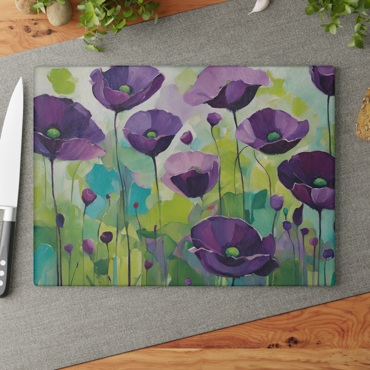 Kitchen Decor Glass Cutting Board Serving Tray with Field of Flowers Pattern Cutting Board Gift for Home Cook Charcuterie Board
