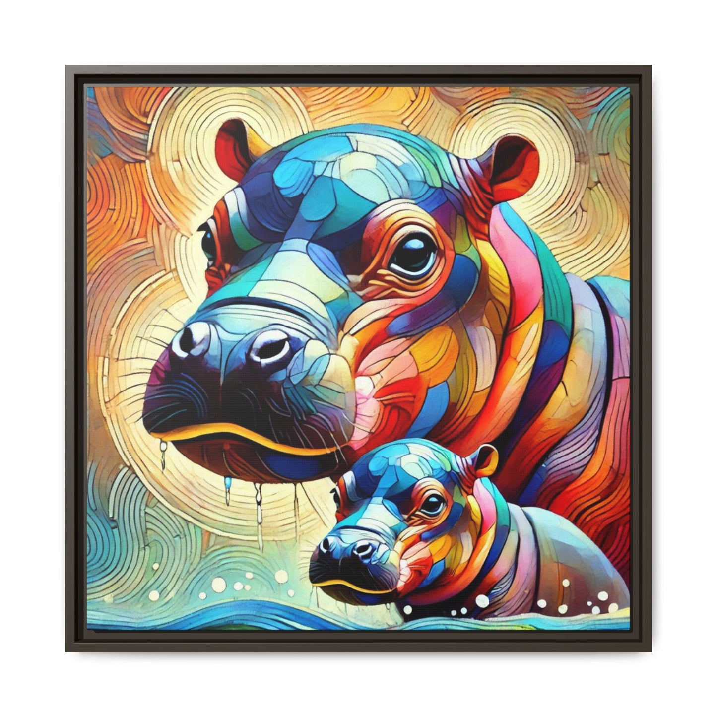 Modern Hippo Print Abstract Design Unique Framed Canvas Print Baby Hippo Wall Art Animal Lover Gift Nature Lover Decor 3 frame colors