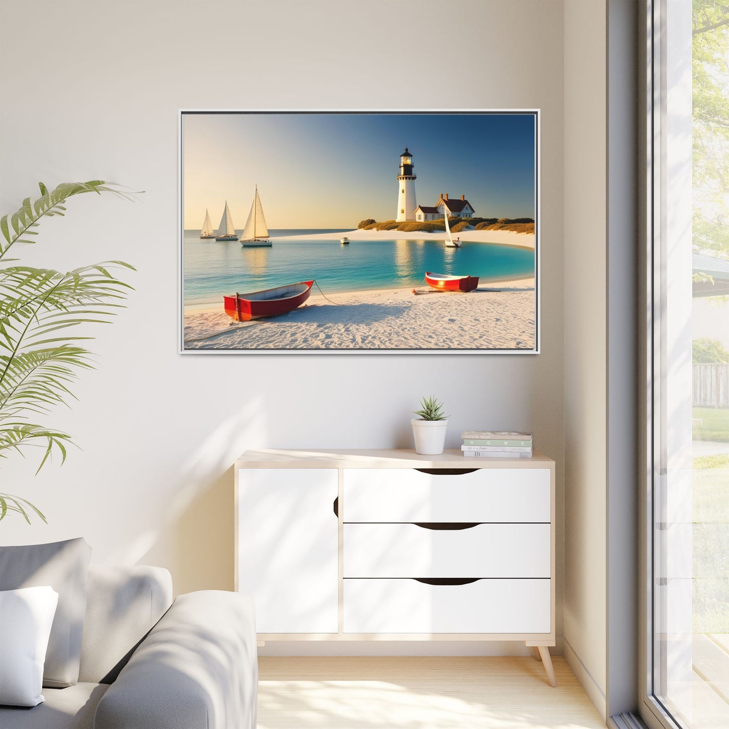 Lighthouse on the Beach Unique Framed Canvas Print Wall Art Nature Lover Gift Beachy Sailboats in the Ocean Vacation Decor 3 frame colors
