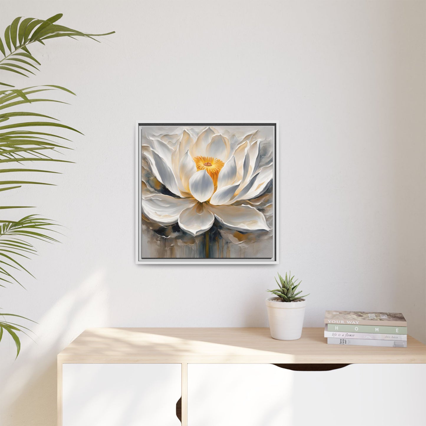 Modern Abstract Floral Design Unique Framed Canvas Wall Art White Lotus Gift Nature Lover Gift Garden Lover Gift 3 frame colors