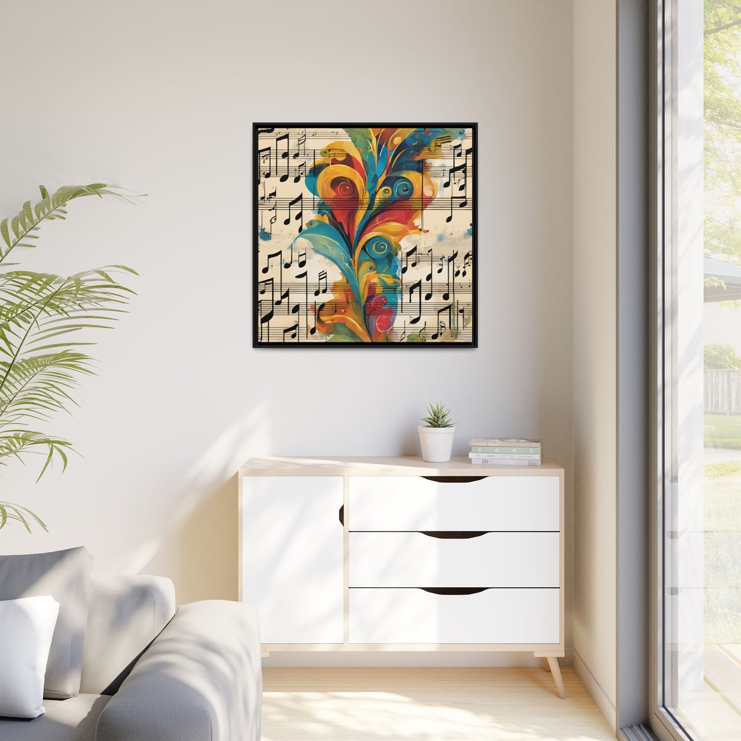 Modern Sheet Music-Themed Print Abstract Design Unique Framed Canvas Print Treble Clef Note Wall Art Music Lover Gift Decor 3 frame colors