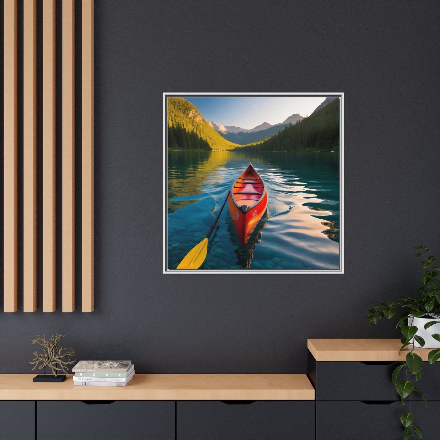 Canoe in the River Framed Canvas Wall Art Mountain Lover Outdoorsman Vacation Kayak Gift Nature Lover Peaceful Zen Gift 3 frame colors