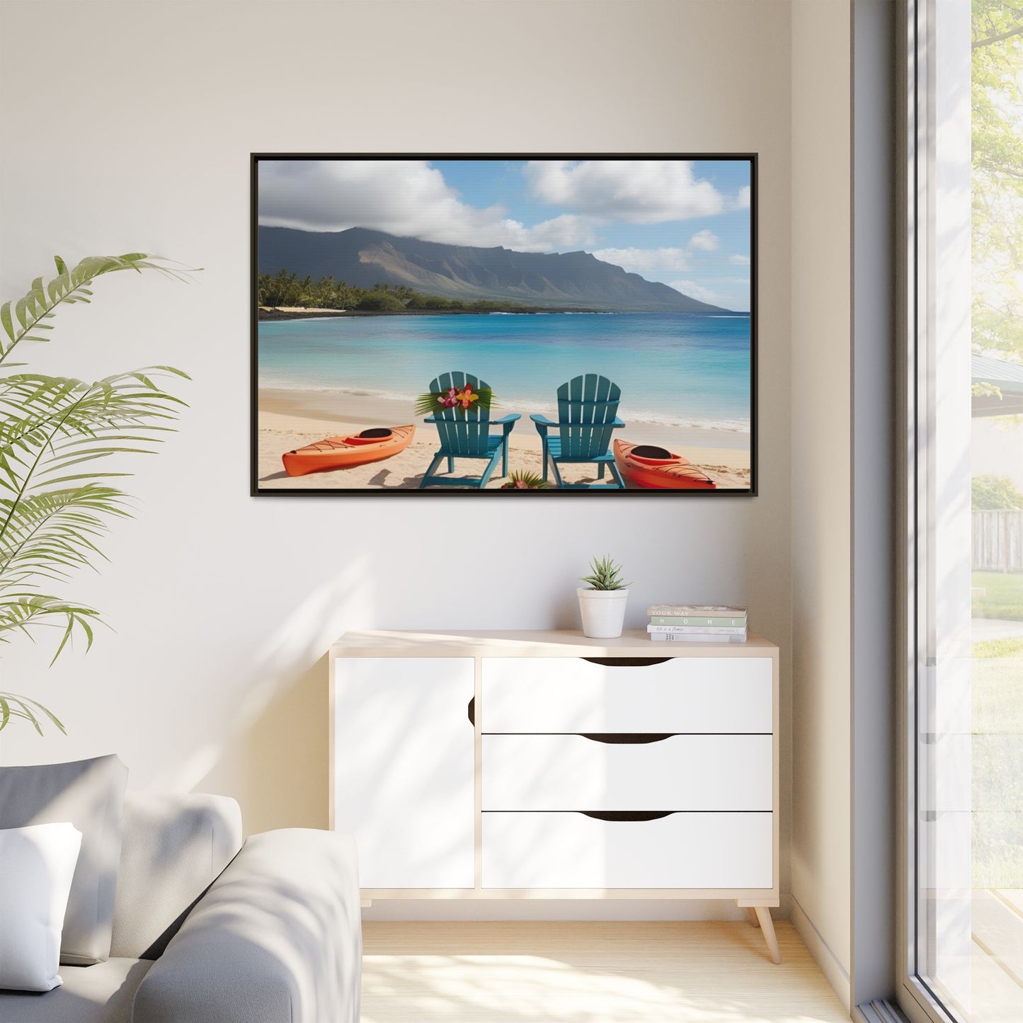 Chairs on the Beach Print Unique Framed Canvas Print Wall Art Gift Beachy Nature Lover Ocean Waves Hawaiian Vacation Decor 3 frame colors