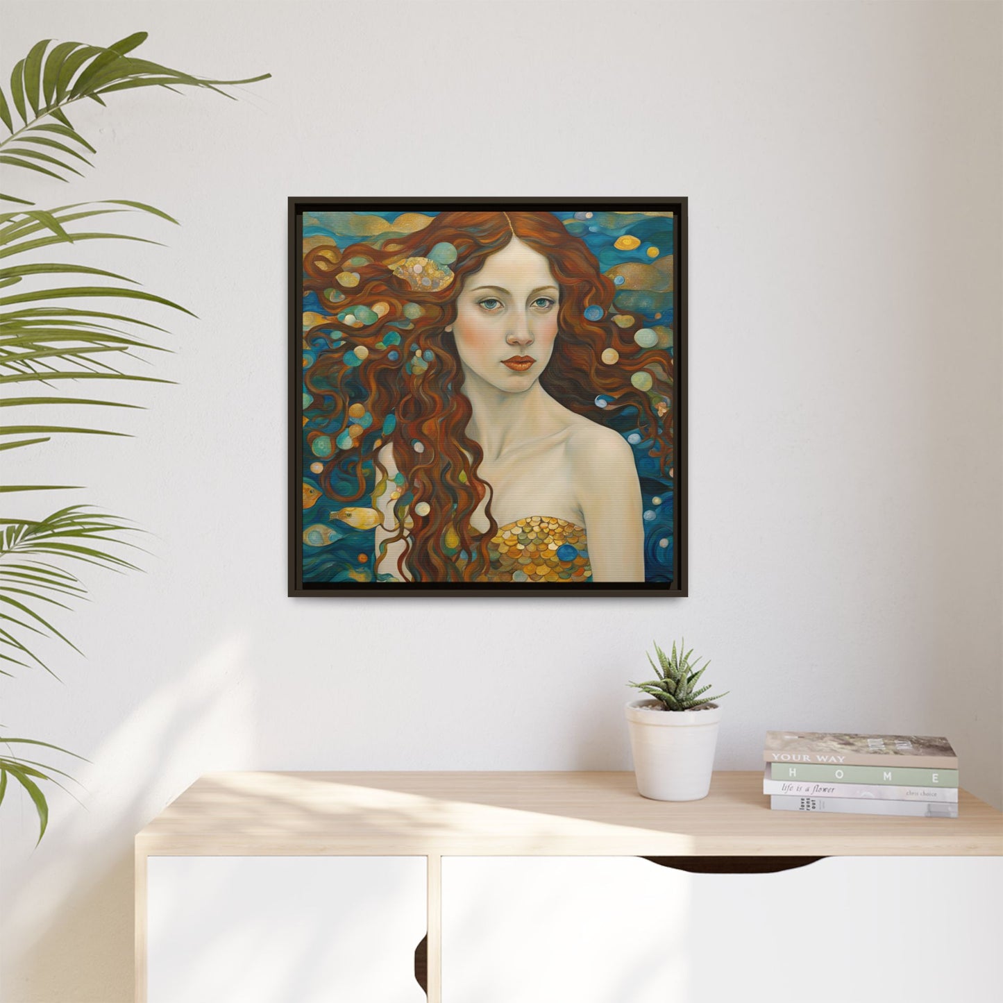 Modern Abstract Mermaid Design Unique Framed Canvas Oceanic Wall Art Underwater Gold Fish Anime Gift Nature Lover Gift 3 frame colors