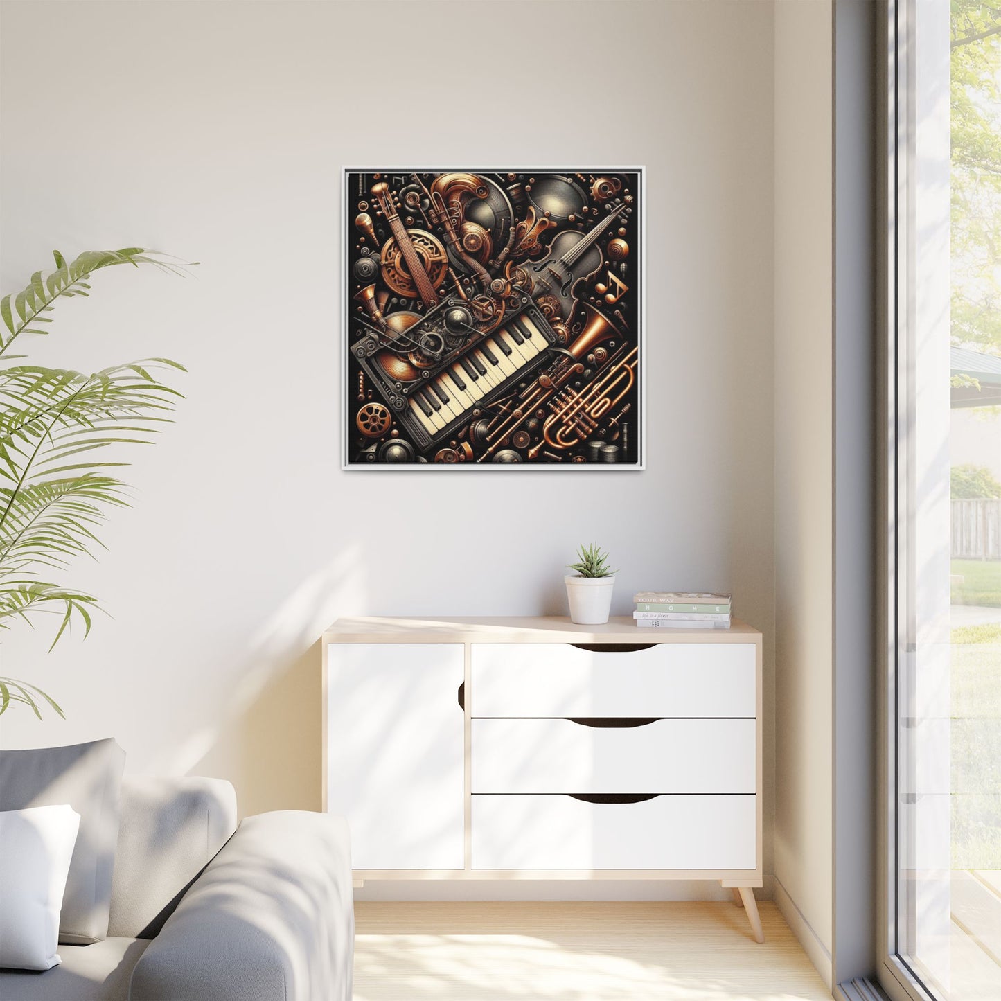 Modern Music-Themed Steampunk Style Print Abstract Design Unique Framed Canvas Print Wall Art Music Lover Gift Decor 3 frame colors