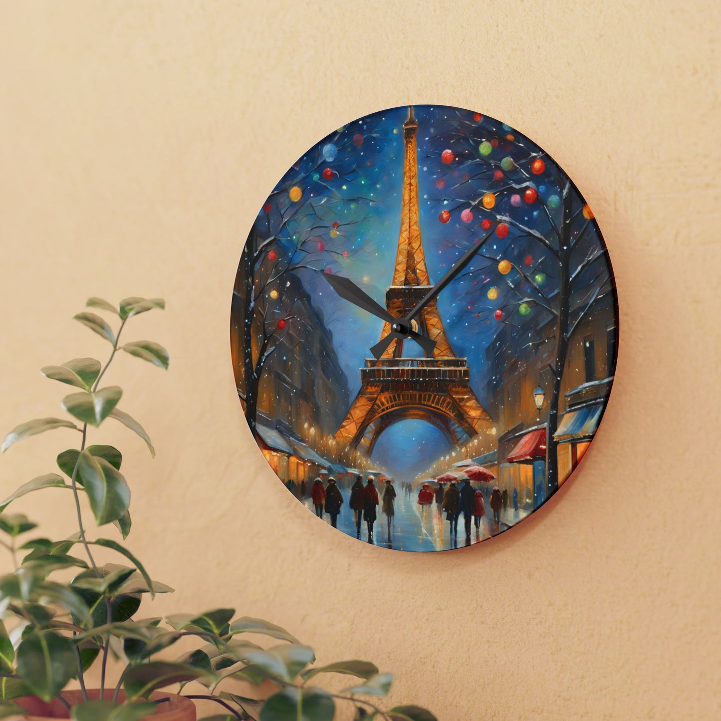 Eiffel Tower in Winter Acrylic Office Clock Unique Colorful Wall Clock Gift for International Traveller Paris Lover Gift