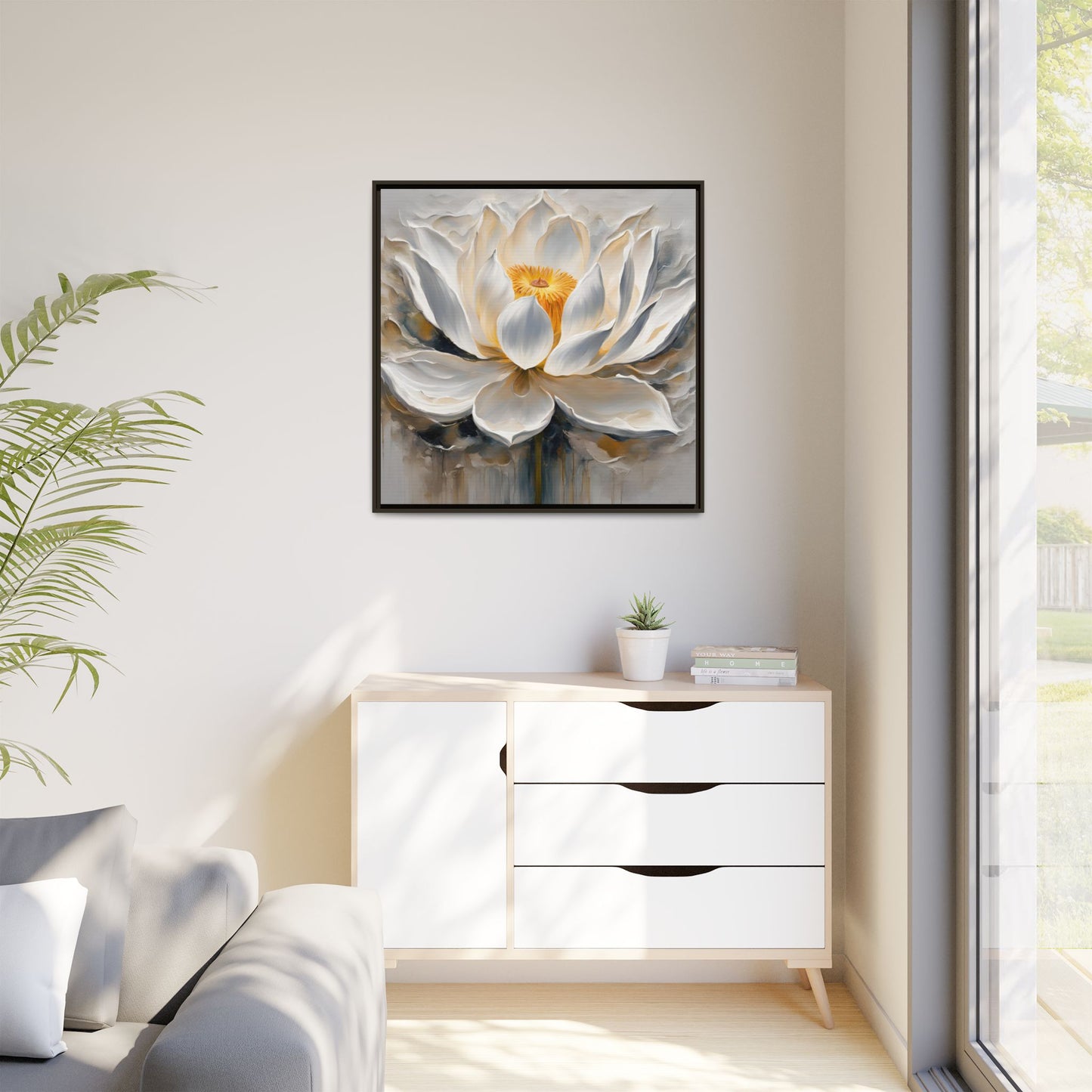 Modern Abstract Floral Design Unique Framed Canvas Wall Art White Lotus Gift Nature Lover Gift Garden Lover Gift 3 frame colors