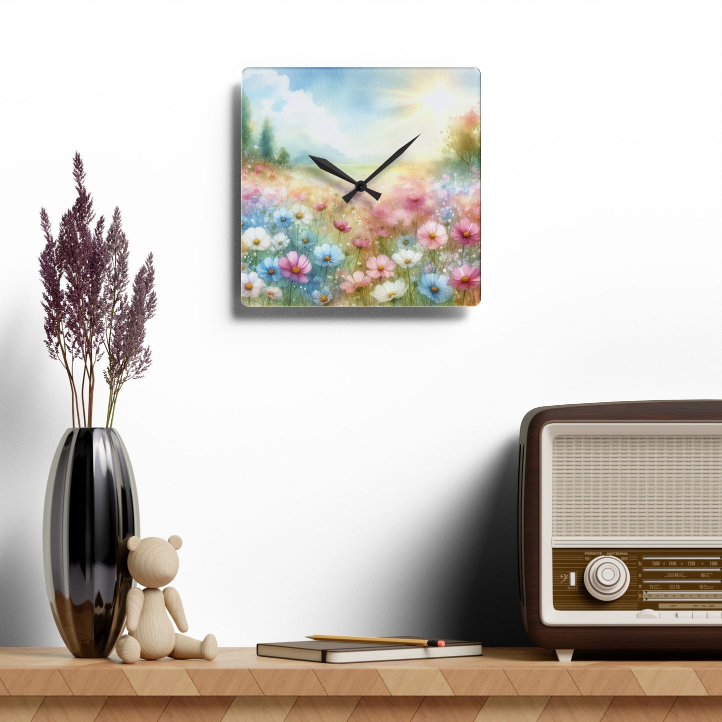 Pastel Floral Design Acrylic Clock Unique Colorful Wall Clock for Kitchen or Living Room Nature Lover Field of Flowers Gardener Gift