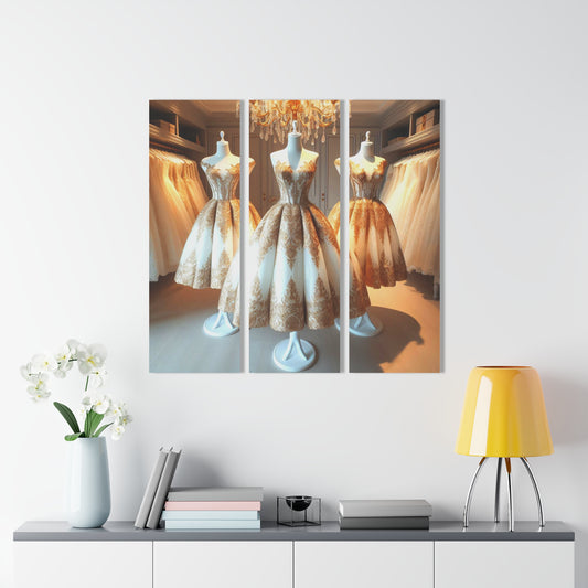 Fashion Formal Runway Damask Dress Design Triptych 3-Panel Acrylic Print Wall Art Unique Haute Couture Fashionista Vintage Style Decor
