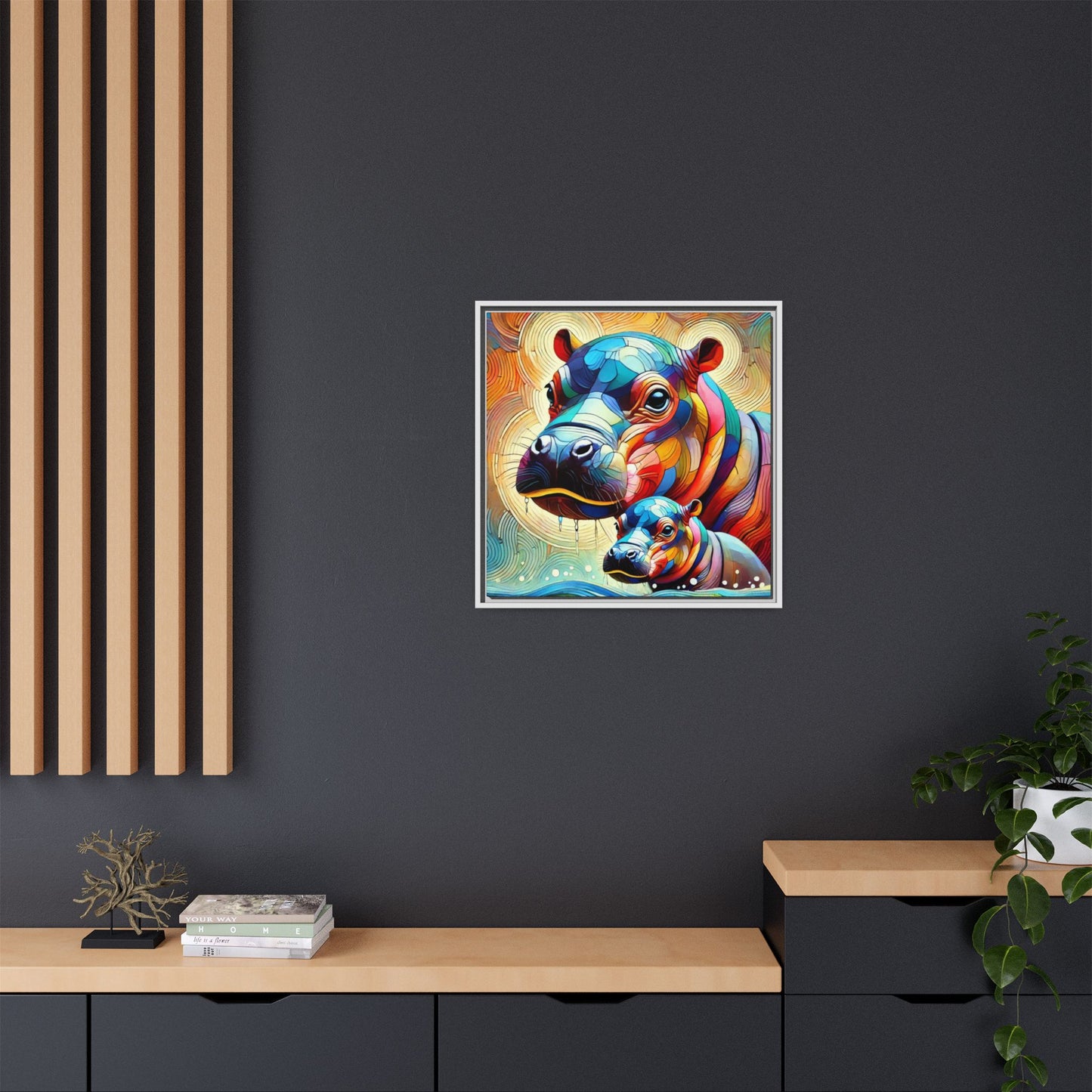Modern Hippo Print Abstract Design Unique Framed Canvas Print Baby Hippo Wall Art Animal Lover Gift Nature Lover Decor 3 frame colors