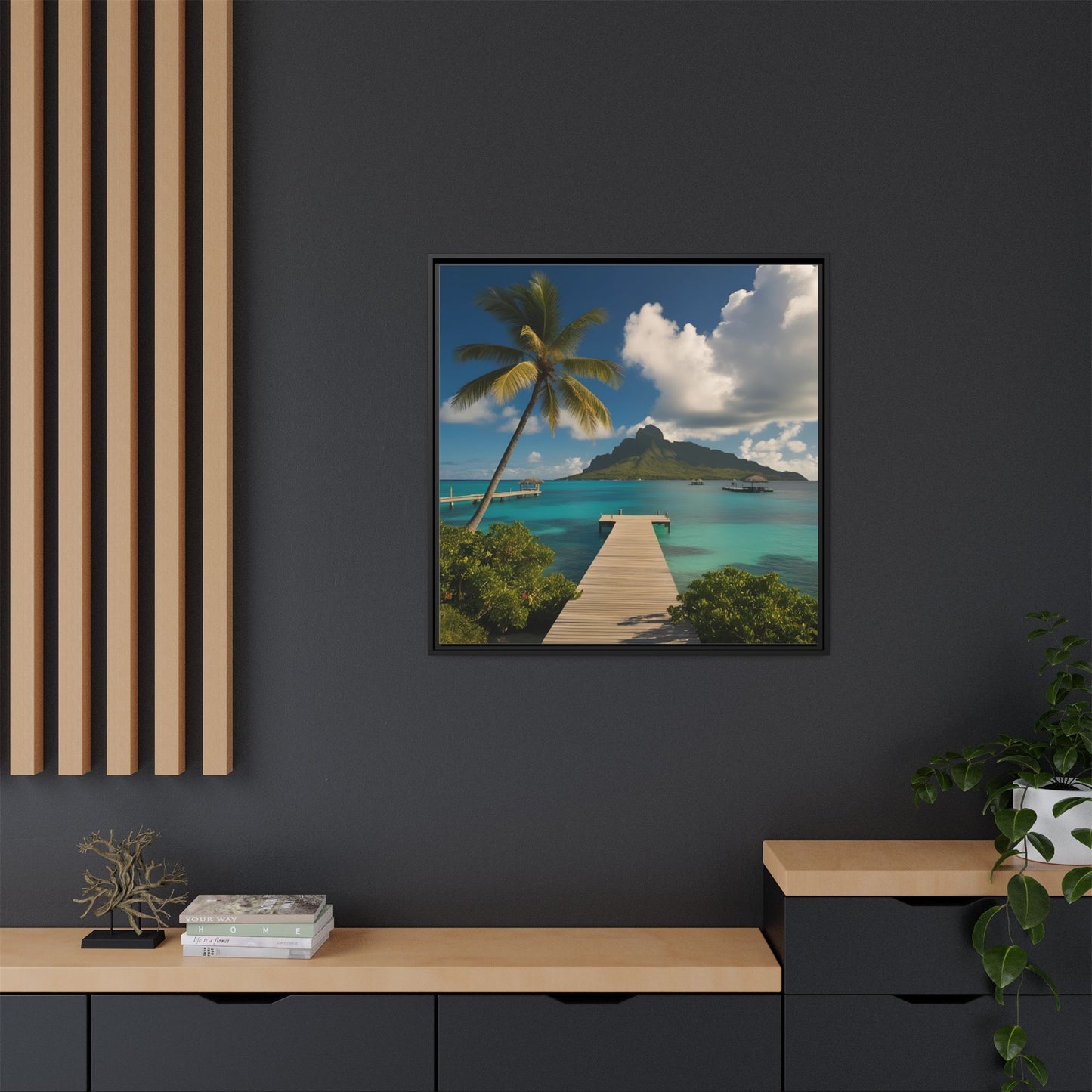 Tropical Island Calm Sunny Day Framed Canvas Wall Art Volcano Beach Vacation Oceanic Gift Nature Lover Peaceful Zen Gift 3 frame colors