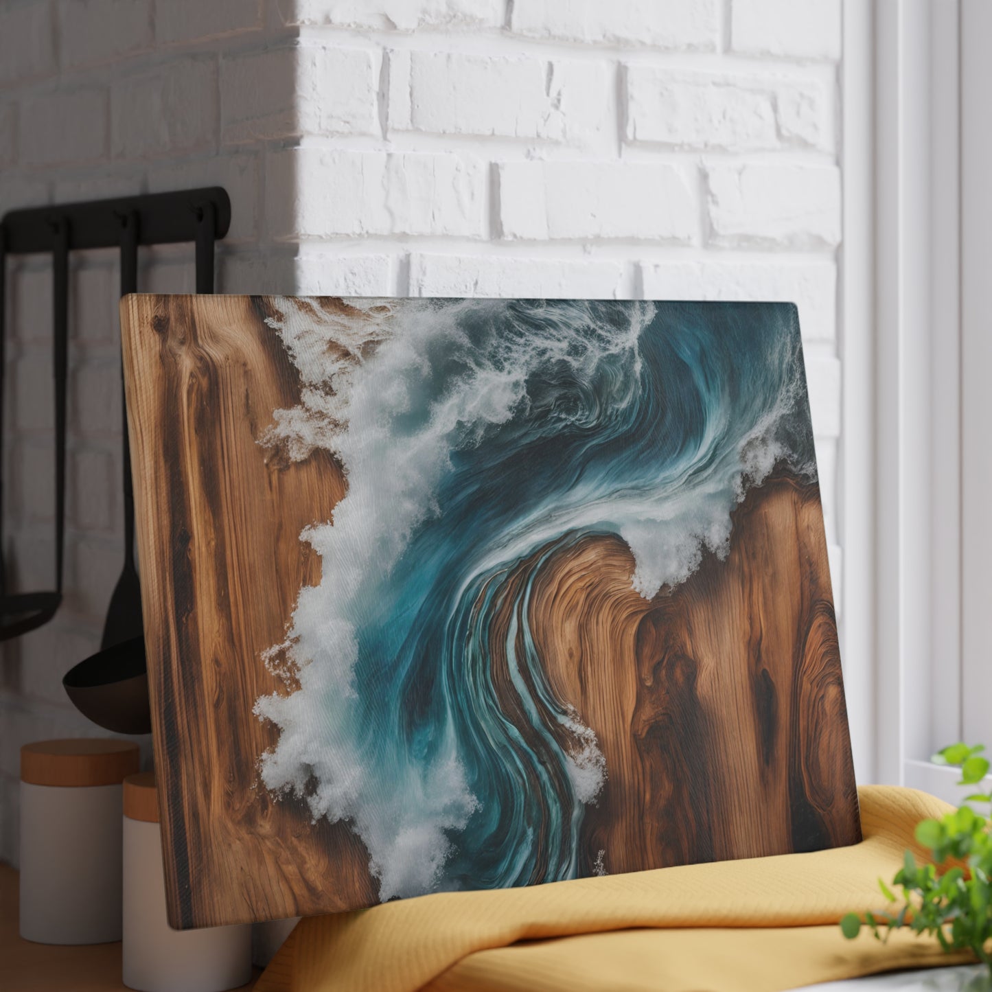 Beachy Kitchen Decor Glass Cutting Board Serving Tray with Wave Design Cutting Board Gift for Home Cook Fun Charcuterie Board