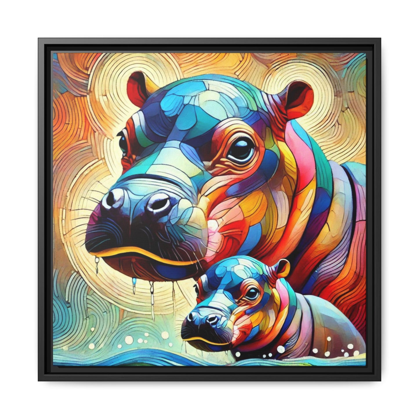 Modern Hippo Print Abstract Design Unique Framed Canvas Print Baby Hippo Wall Art Animal Lover Gift Nature Lover Decor 3 frame colors