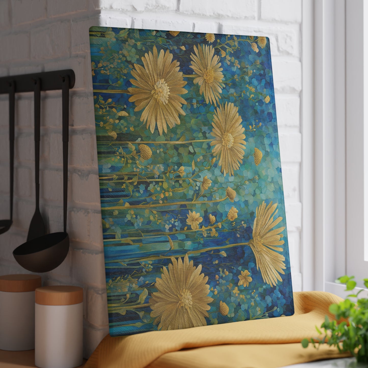 Kitchen Decor Glass Cutting Board Serving Tray with Field of Flowers Pattern Cutting Board Gift for Home Cook Charcuterie Board