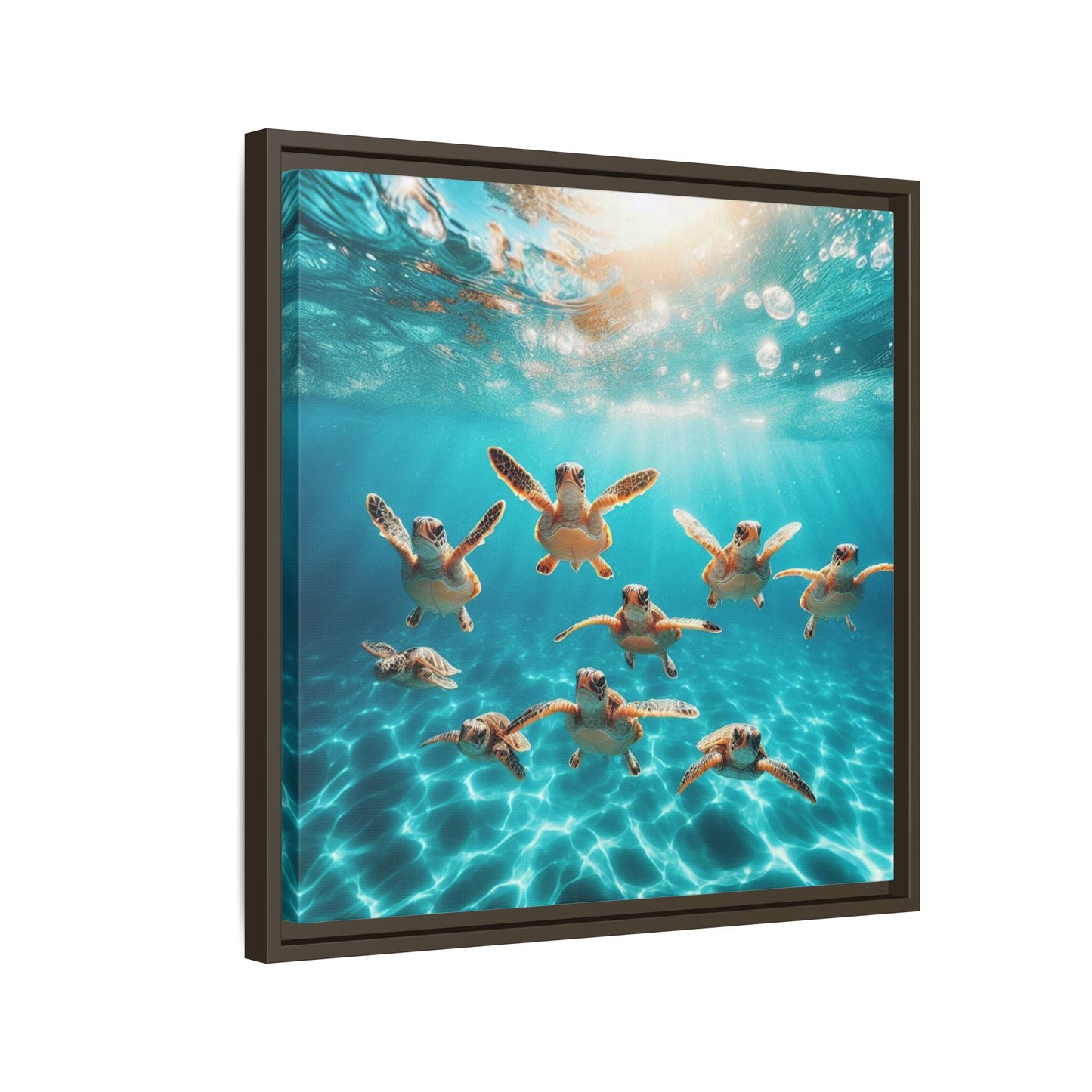 Baby Sea Turtles Out for a Swim Framed Canvas Wall Art Beach Lover Vacation Oceanic Gift Nature Lover Peaceful Zen Gift 3 frame colors