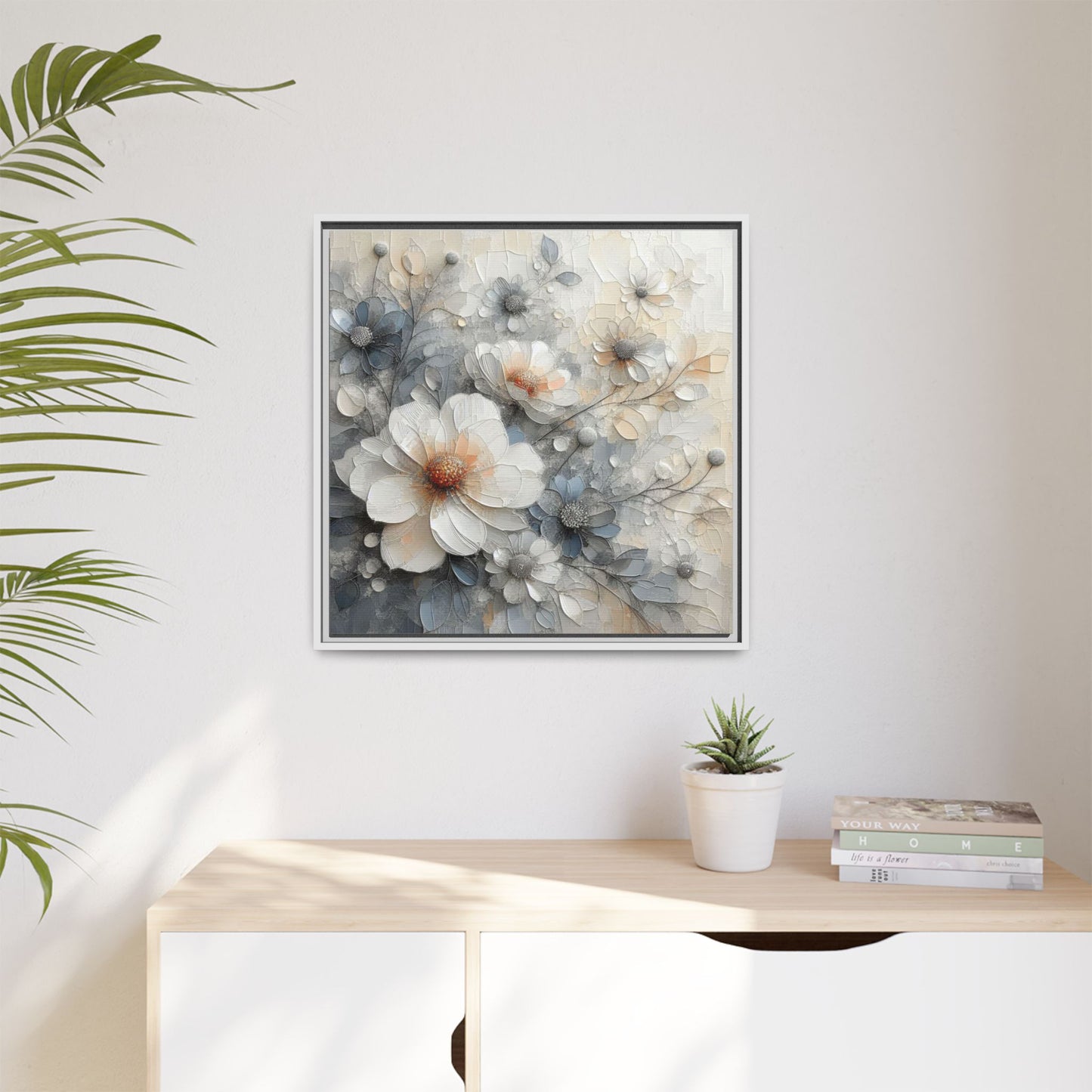 Modern Grey and White Floral Design Unique Framed Canvas Wall Art Flower Lover Gift Nature Lover Gift 3 frame colors
