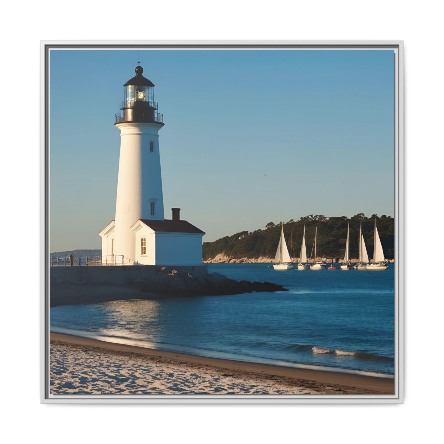 Lighthouse on the Beach Unique Framed Canvas Print Wall Art Nature Lover Gift Beachy Sailboats in the Ocean Vacation Decor 3 frame colors