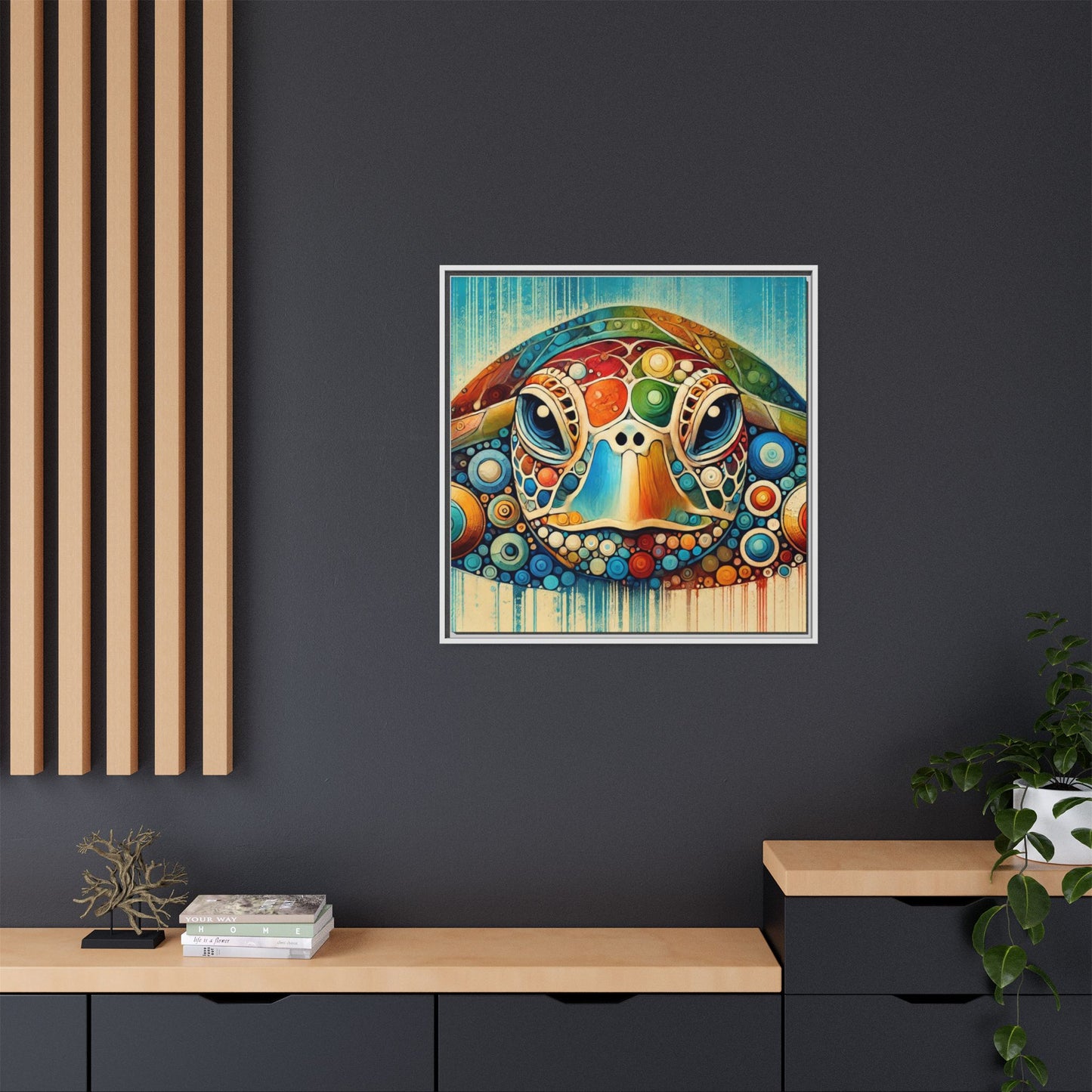 Modern Sea Turtle Print Abstract Design Unique Framed Canvas Print Oceanic Beachy Wall Art Animal Lover Nature Lover Decor 3 frame colors