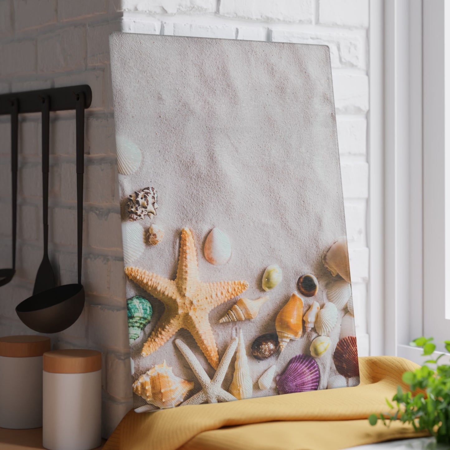Beachy Kitchen Decor Glass Cutting Board Serving Tray with Shells and Star Fish Cutting Board Gift for Home Cook Fun Charcuterie Board
