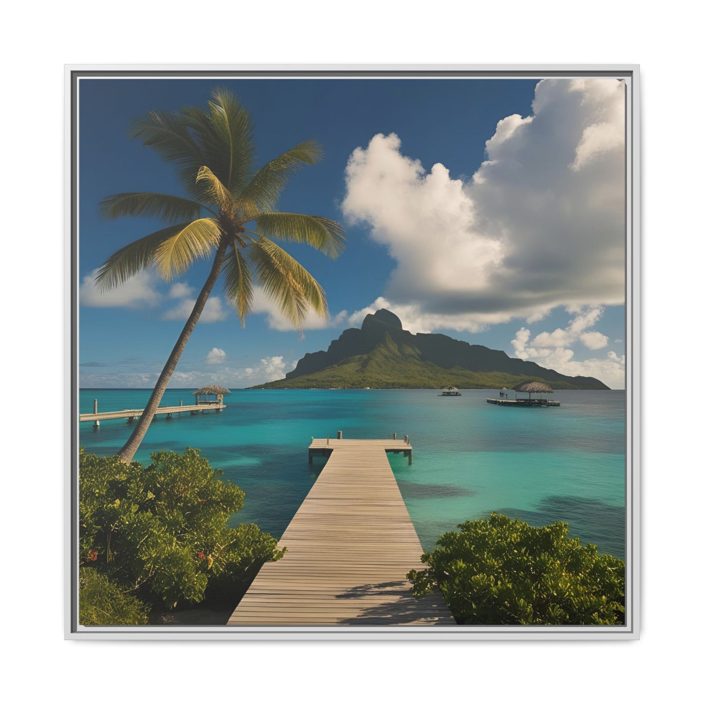 Tropical Island Calm Sunny Day Framed Canvas Wall Art Volcano Beach Vacation Oceanic Gift Nature Lover Peaceful Zen Gift 3 frame colors