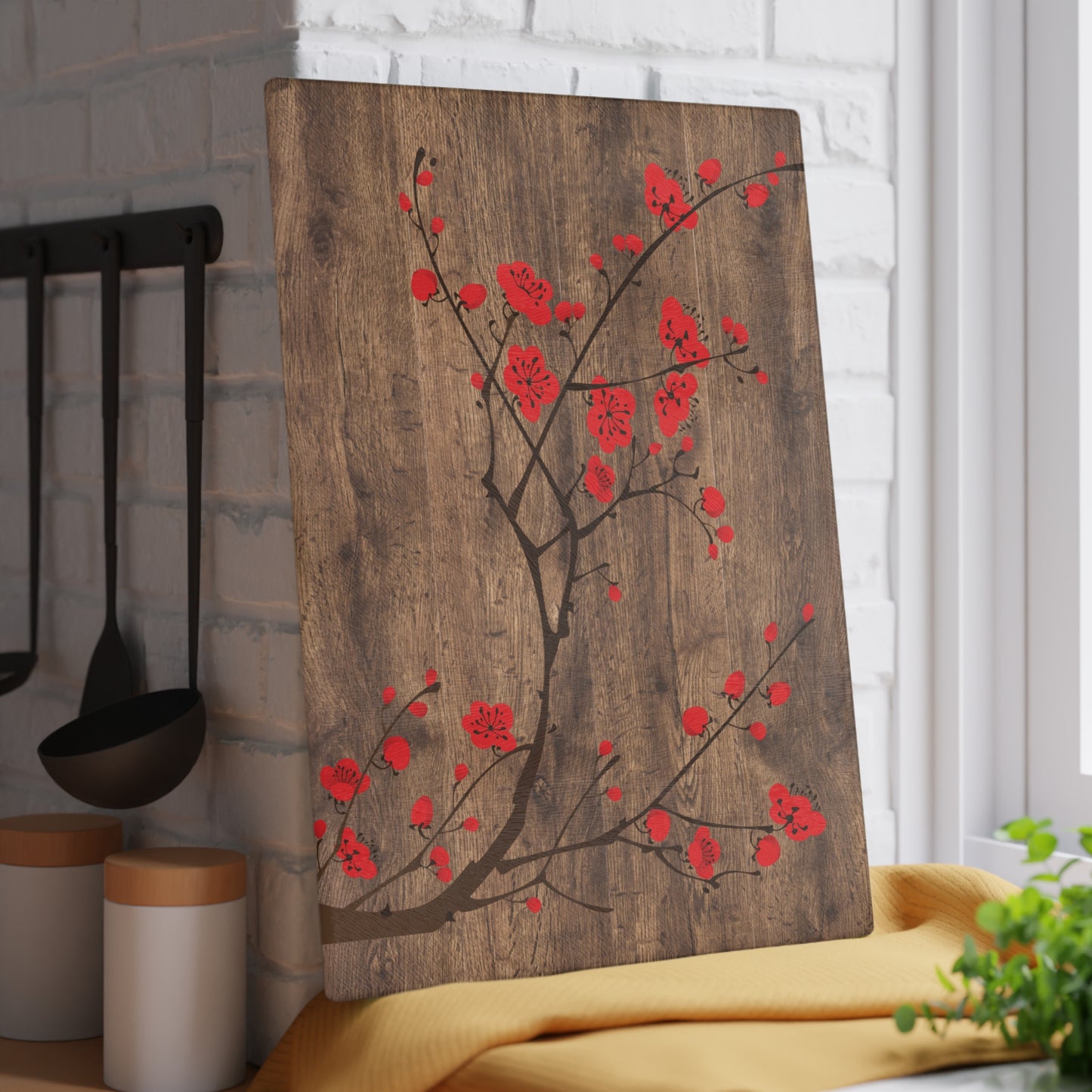 Kitchen Decor Glass Cutting Board Serving Tray with Plum Blossom Design Cutting Board Gift for Home Cook Fun Floral Charcuterie Board