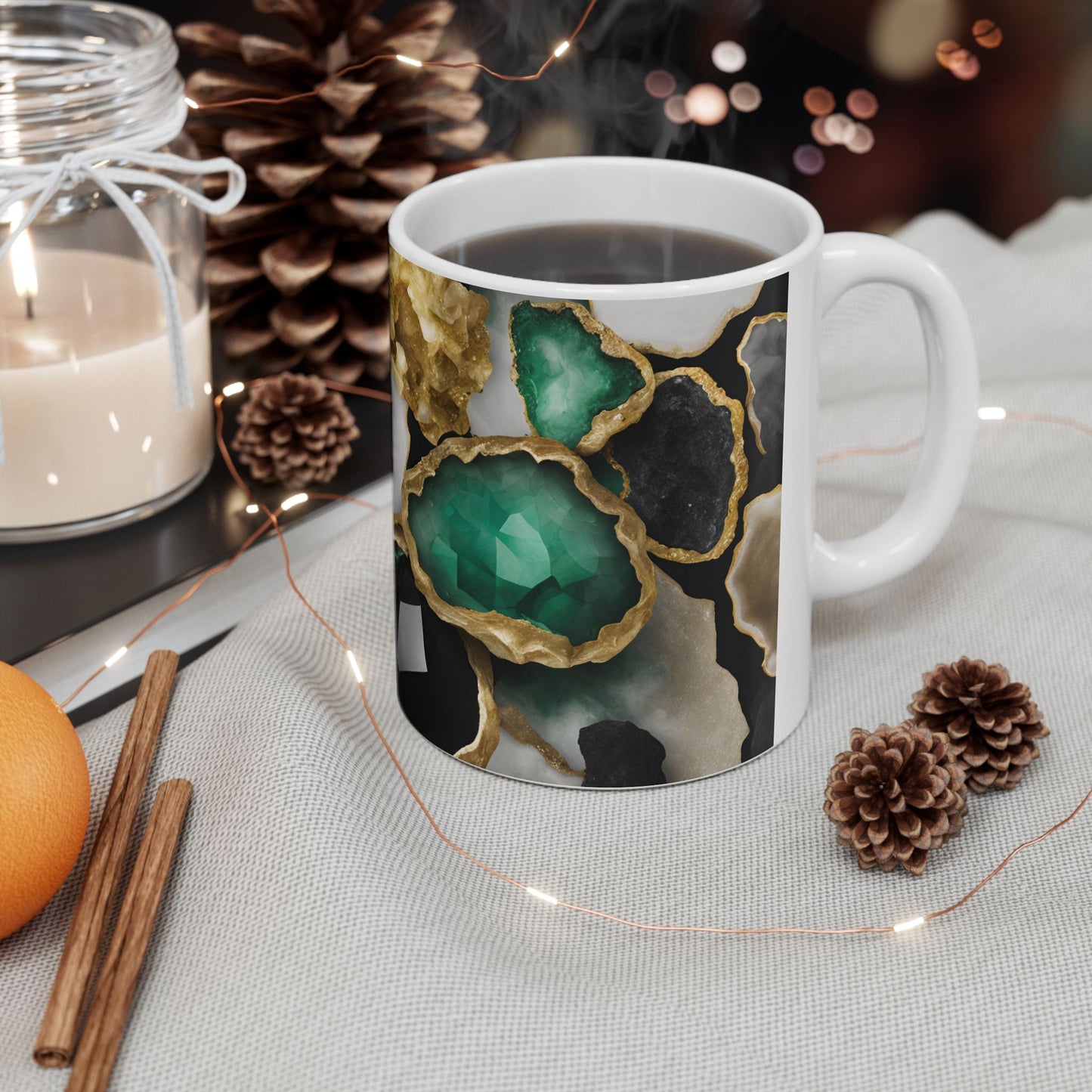 Black, White, Emerald Green and Gold Crystal Geode Design Coffee Tea Mug Boho Gemologist Gift Nature Lover Marble Rock Agate Geology Gift