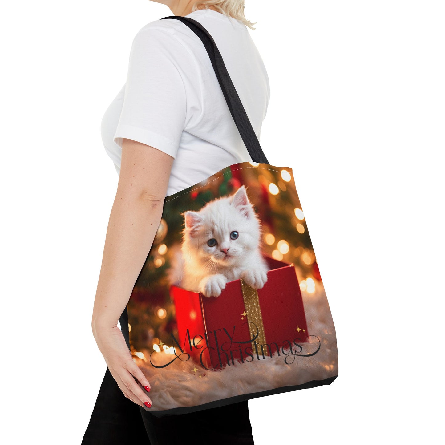 Christmas Kitten Tote Bag Holiday Cheer Gift Glam Winter Accessory Reusable Snowy Winter Town Shopping Bag Xmas Joy Unisex Bag for Him Her