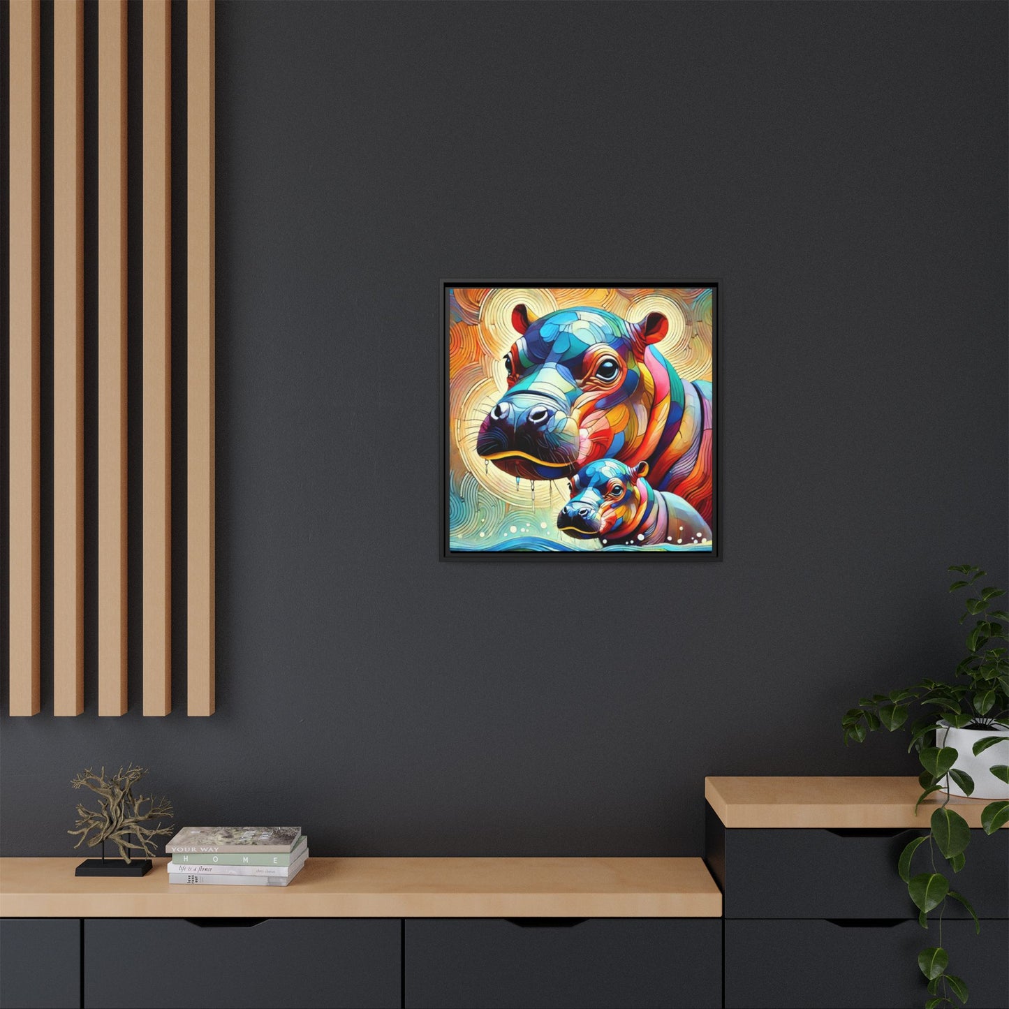 Modern Hippo Print Abstract Design Unique Framed Canvas Print Baby Hippo Wall Art Animal Lover Gift Nature Lover Decor 3 frame colors