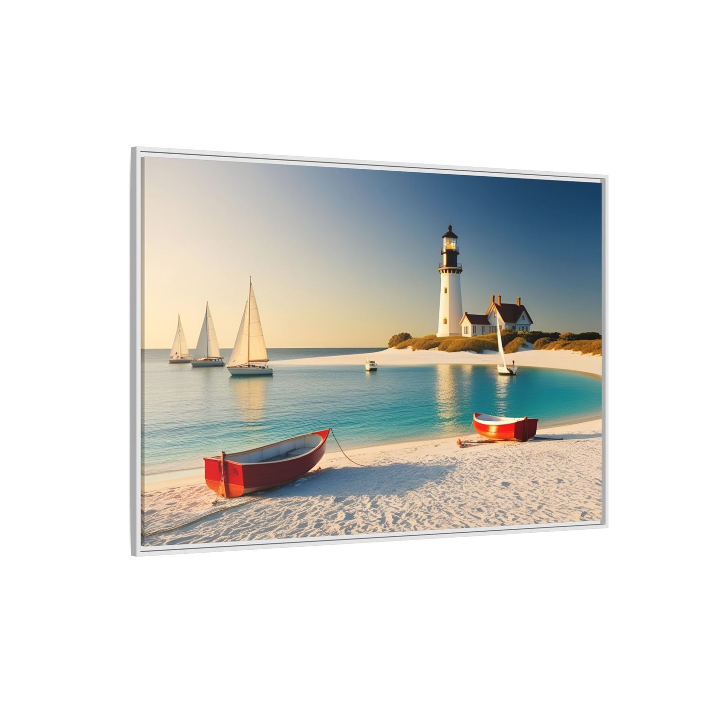 Lighthouse on the Beach Unique Framed Canvas Print Wall Art Nature Lover Gift Beachy Sailboats in the Ocean Vacation Decor 3 frame colors