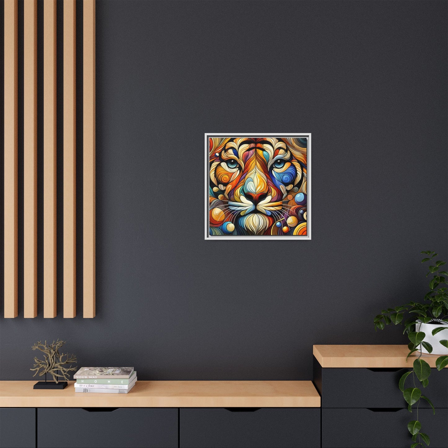 Modern Lion Face Print Abstract Design Unique Framed Canvas Print King of Jungle Wall Art Animal Lover Nature Lover Decor 3 frame colors