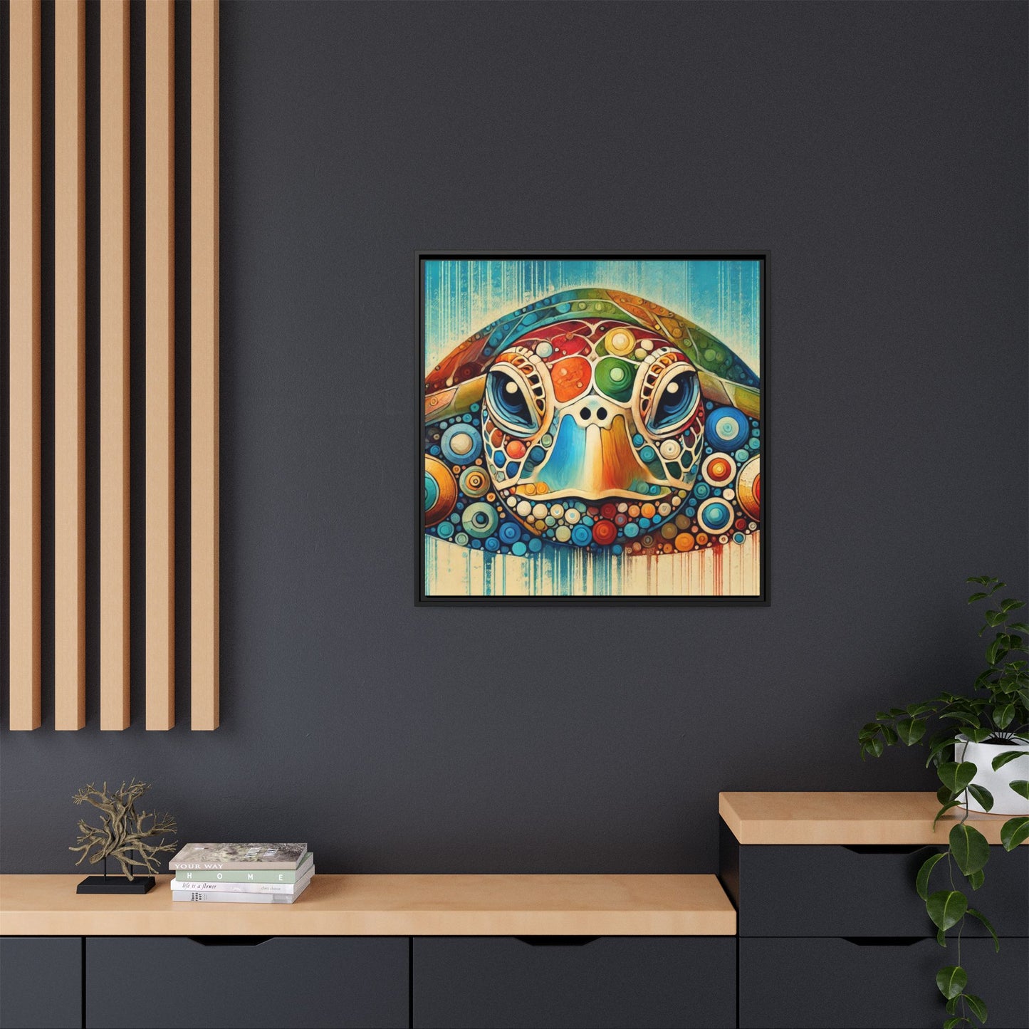 Modern Sea Turtle Print Abstract Design Unique Framed Canvas Print Oceanic Beachy Wall Art Animal Lover Nature Lover Decor 3 frame colors