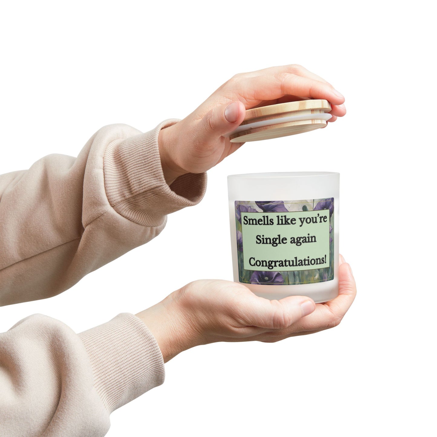 Artisanal Coconut Soy Frosted Glass Candle with Wooden Wick and Raw Maple Lid 11 oz Hand Poured Single Person Funny Breakup Candle