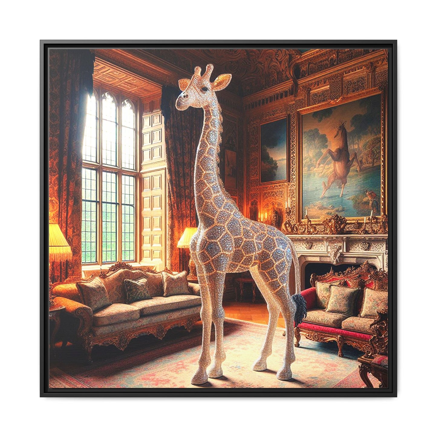Bejeweled Giraffe Framed Canvas Print Wall Art Unique Fashion Designer Haute Couture Fashionista Animal Lover Gift Decor 3 Frame Colors