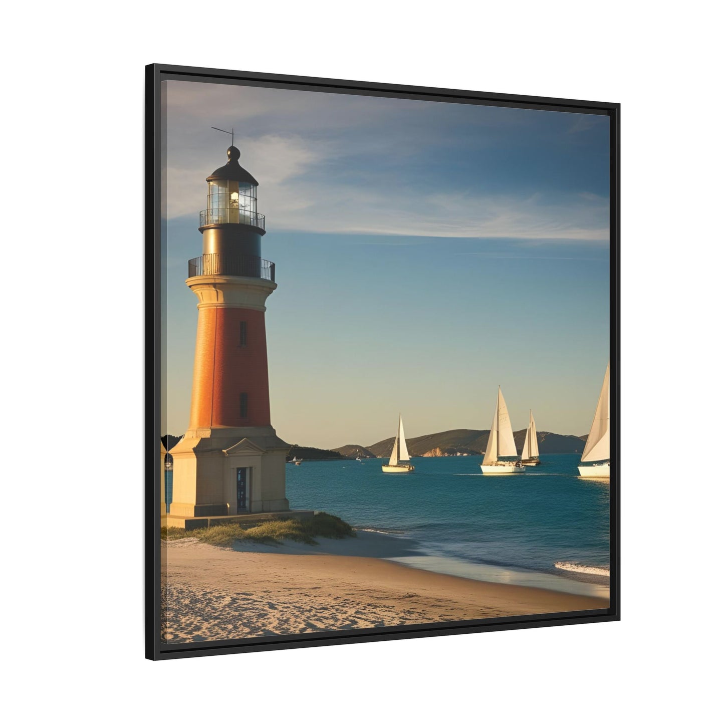 Lighthouse on the Beach Unique Framed Canvas Print Wall Art Nature Lover Gift Beachy Sailboats in the Ocean Vacation Decor 3 frame colors