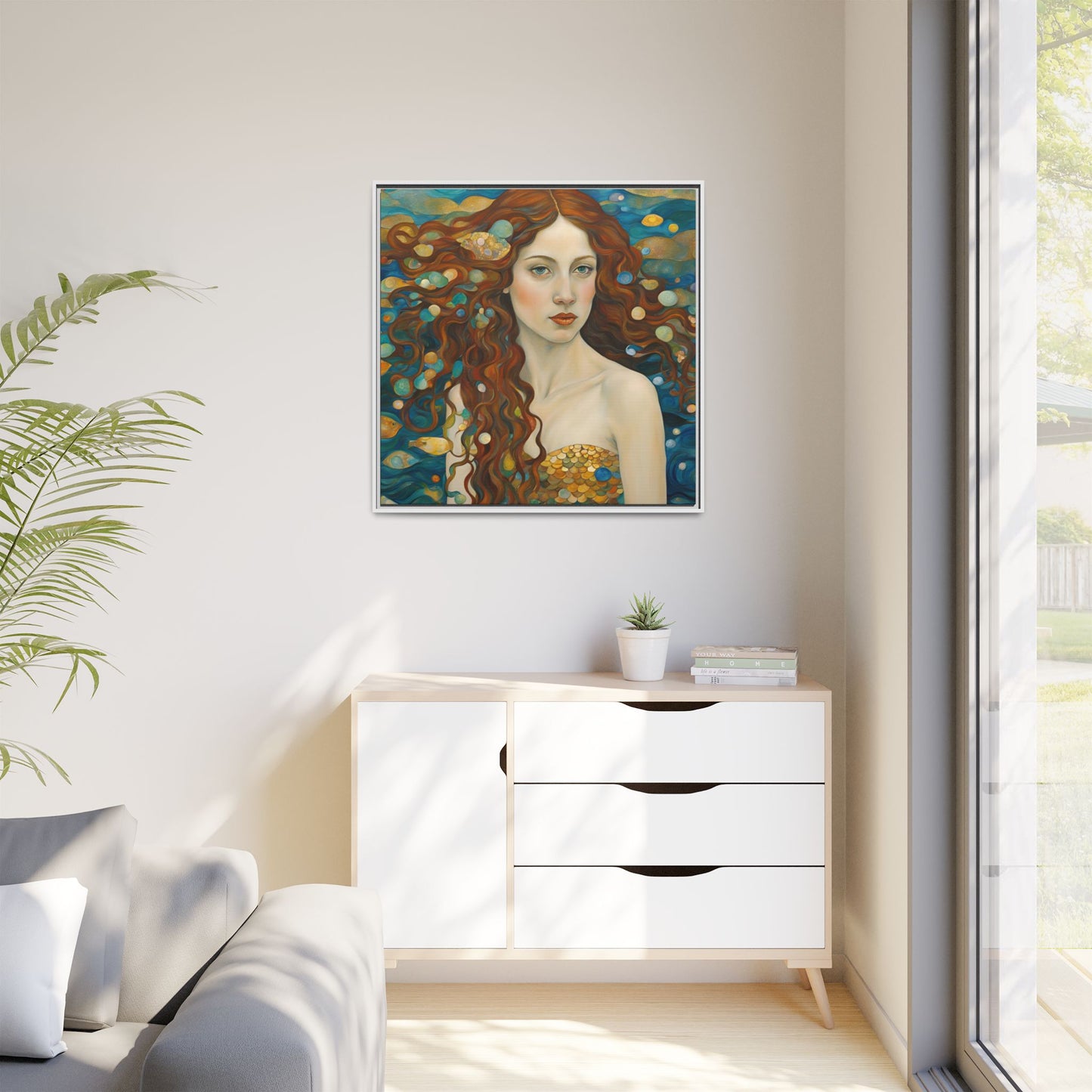 Modern Abstract Mermaid Design Unique Framed Canvas Oceanic Wall Art Underwater Gold Fish Anime Gift Nature Lover Gift 3 frame colors