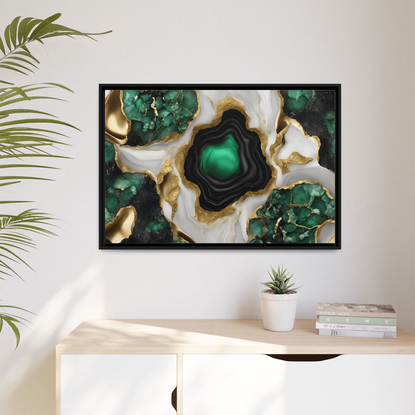 Emerald Green and Gold Quartz Crystal Design Print Matte Canvas Wall Art Nature Lover Gift Geology Rock Lover Gift 3 frame color choices