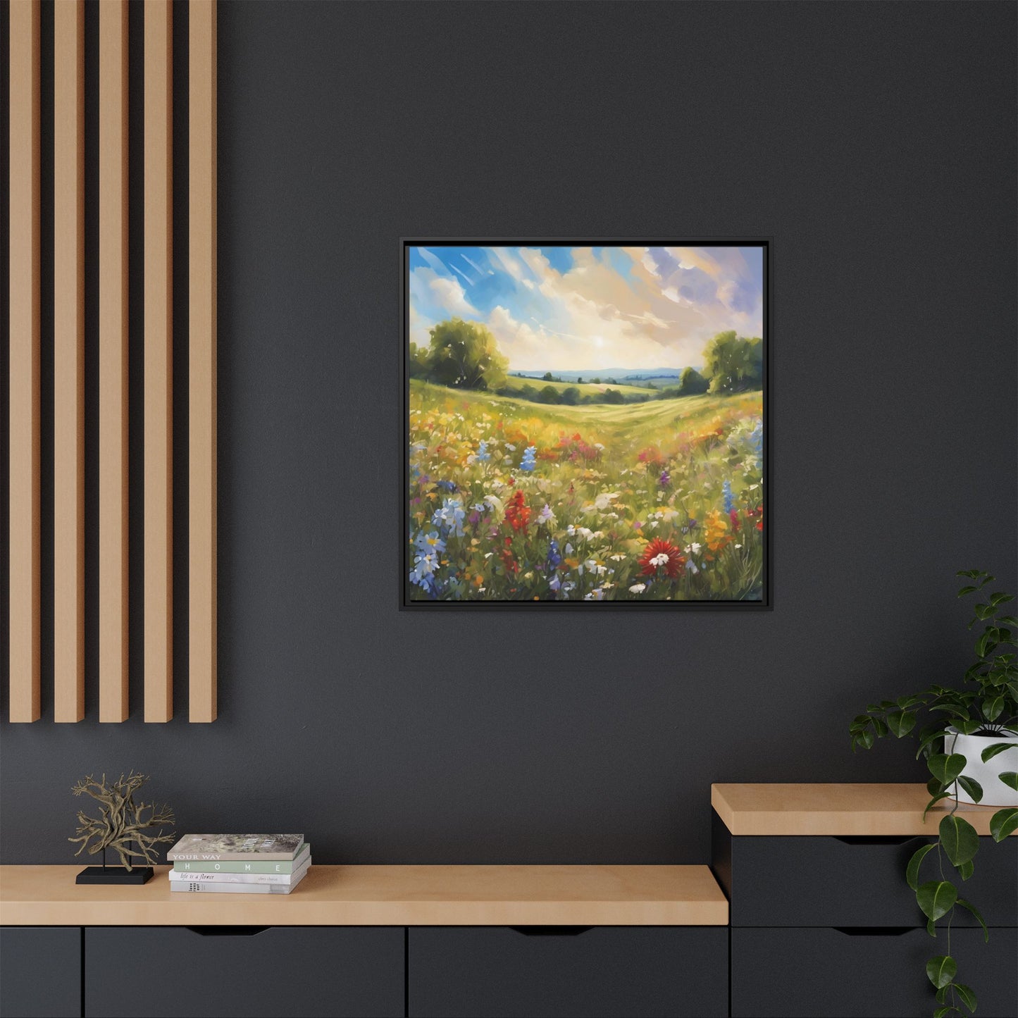 Modern Filed of Flowers Design Unique Framed Canvas Wall Art Gift Nature Lover Landscape Decor Gift 3 frame colors