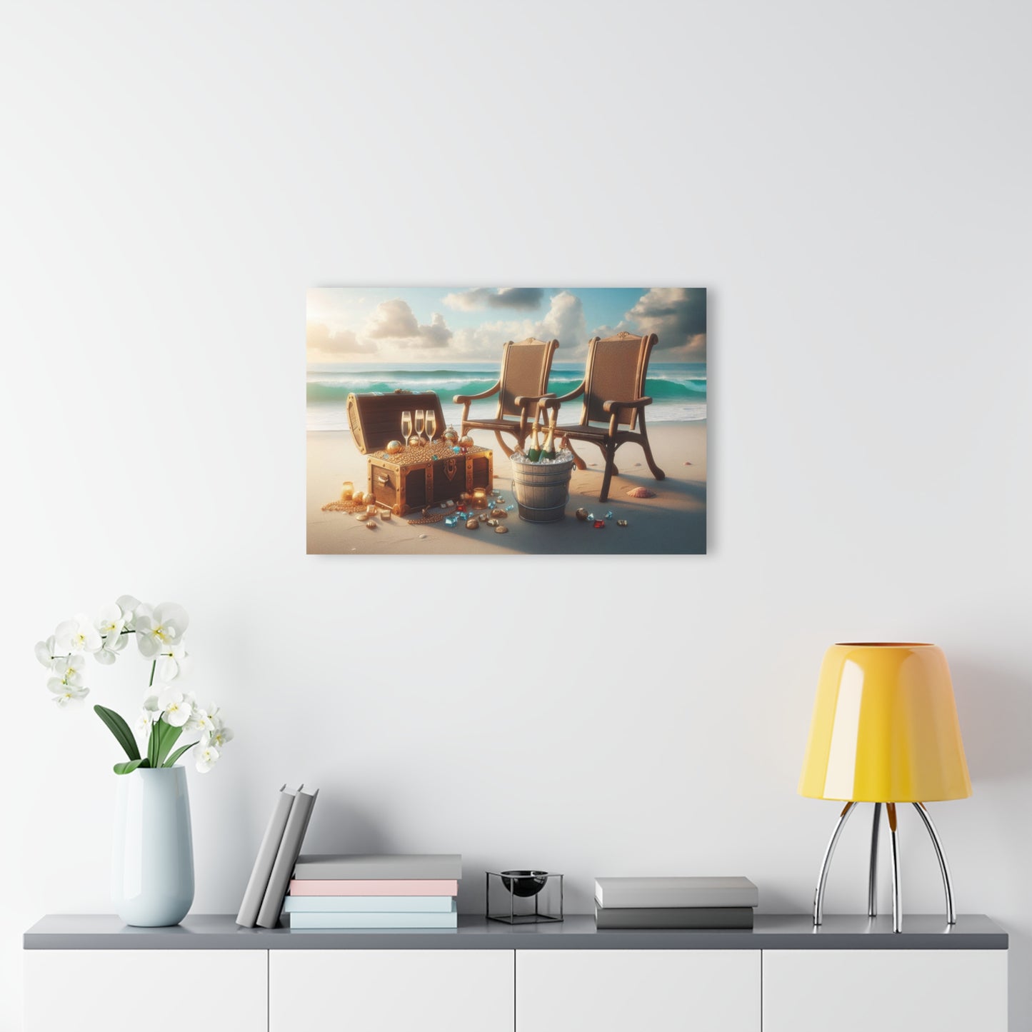 Chairs on the Beach with Pirate's Treasure Acrylic Print with French Cleat Ocean Lover Wall Art Beachy Gift Artwork Modern Home Decor