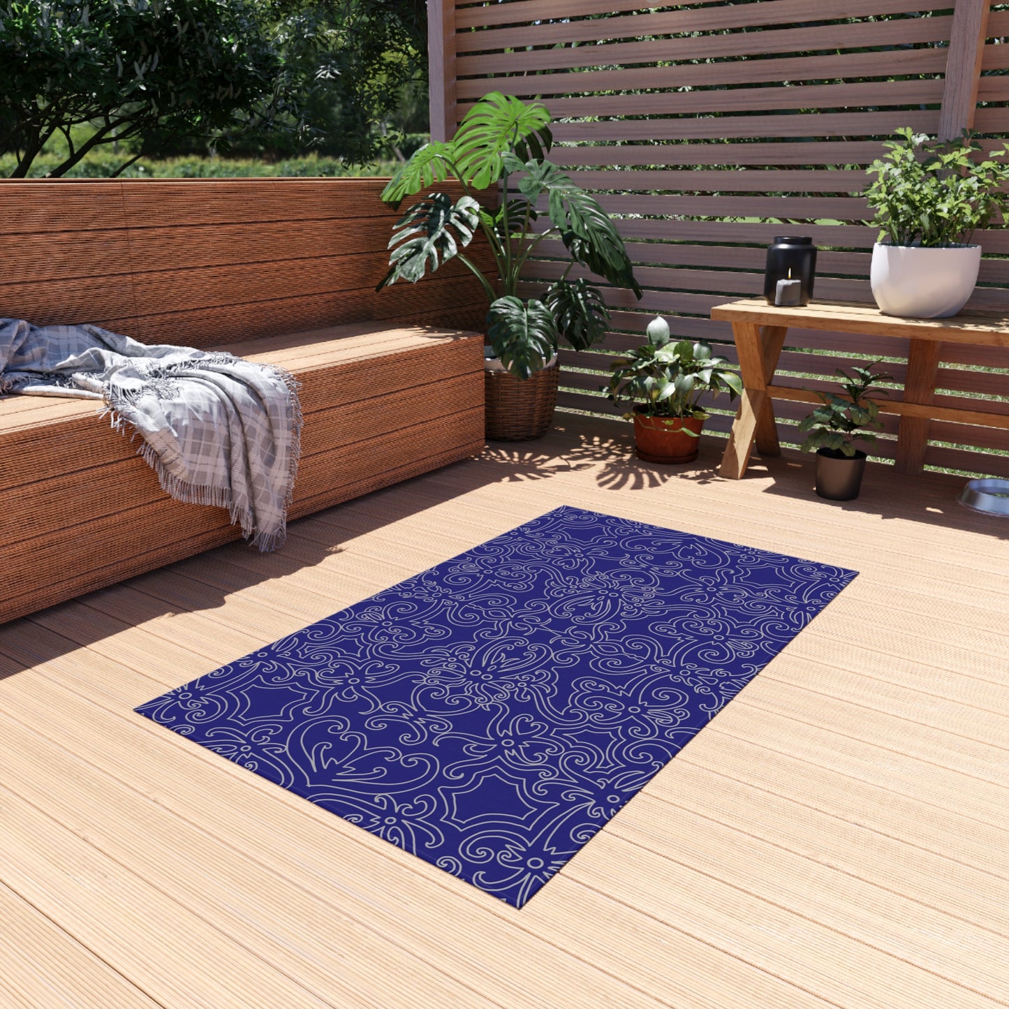 Chenille Outdoor Rug with No-Skid Backing Cozy Outdoor Carpet Blue Patio Decor Gazebo Rug Pool Area Decor Outdoor Kitchen Carpet
