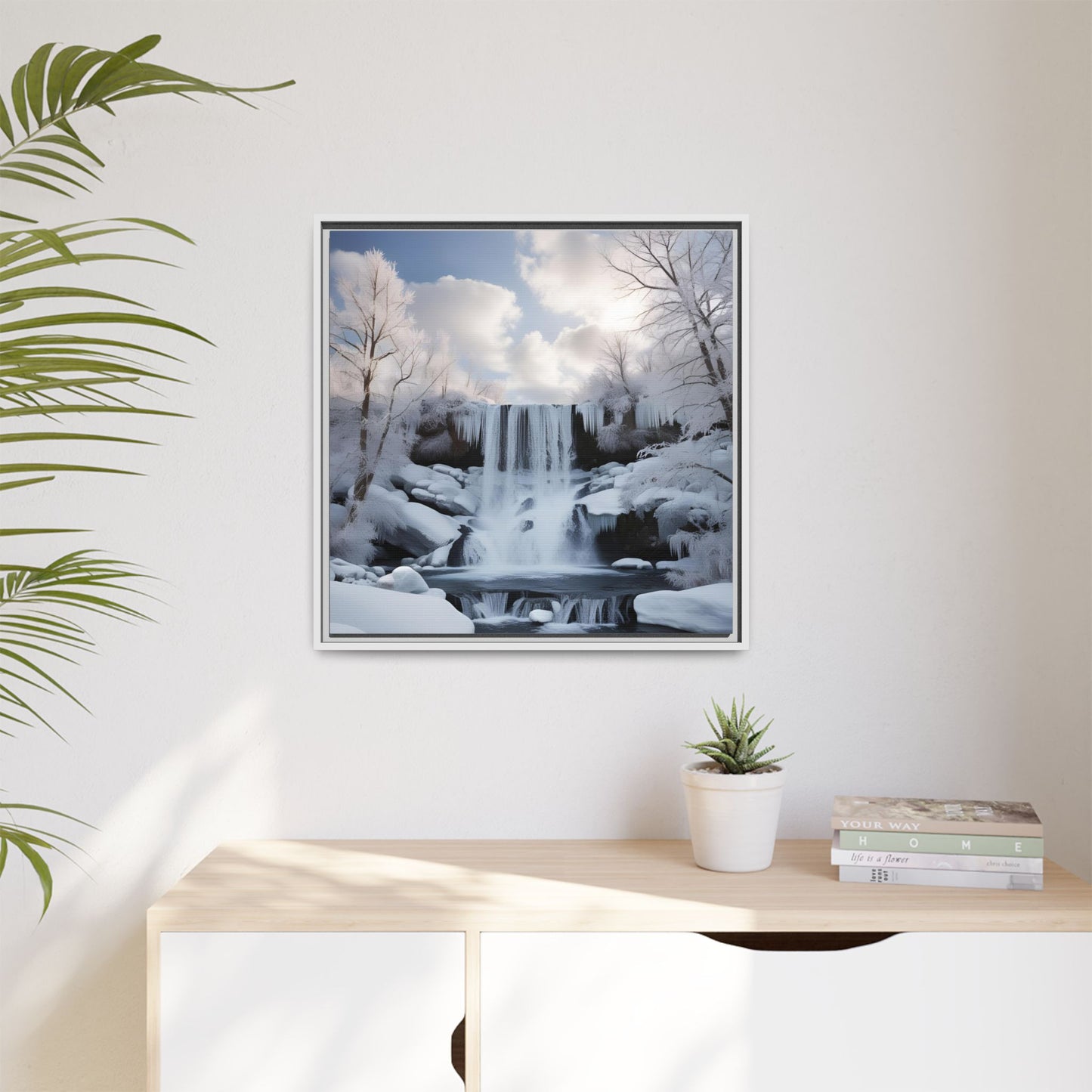 Modern Snowy Waterfall Design Unique Framed Canvas Wall Art Winter Scene Nature Lover Gift Mountain Landscape Decor Gift 3 frame colors