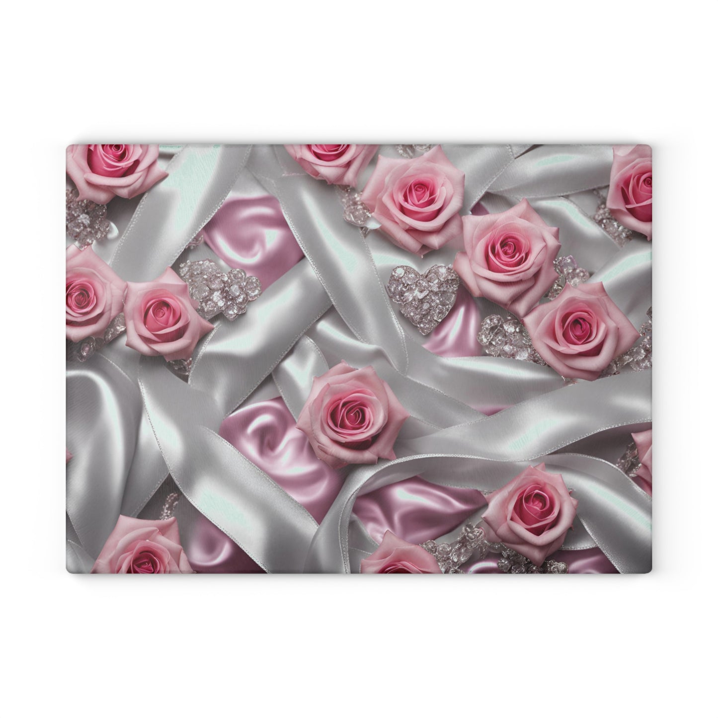 Kitchen Decor Glass Cutting Board Serving Tray with Rose Design Satin Ribbon Pattern Cutting Board Gift for Home Cook Charcuterie Board