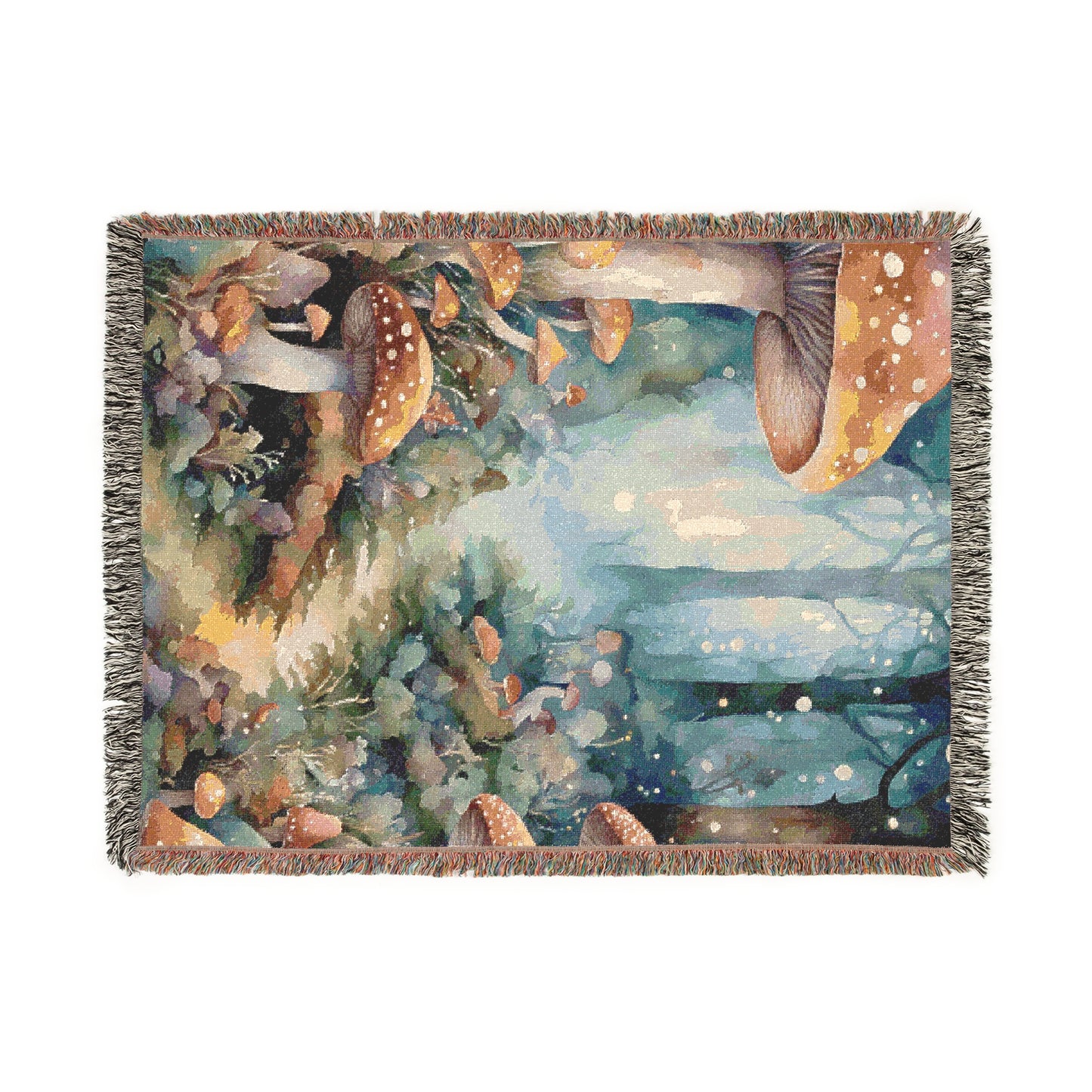 Mushroom Design Cozy Reading Throw for Book Lovers Cotton Woven Fringed Picnic Blanket Fantasy Wall Art