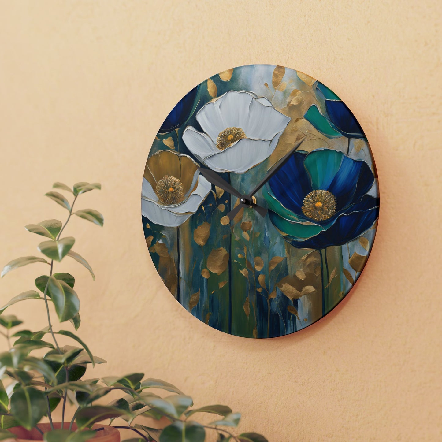 Floral Design Acrylic Clock Unique Colorful Wall Clock for Kitchen or Living Room Nature Lover Field of Flowers Gardener Gift