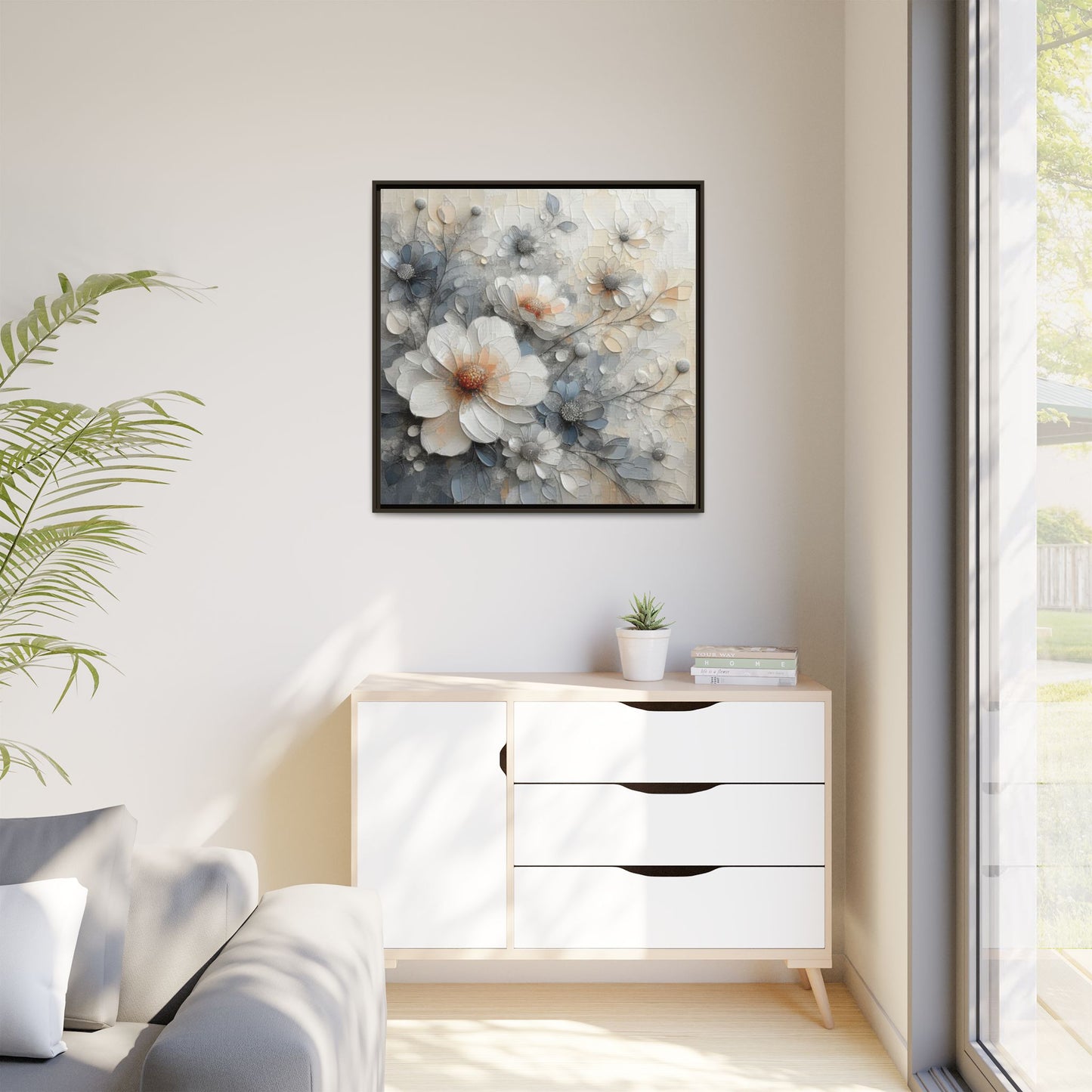 Modern Grey and White Floral Design Unique Framed Canvas Wall Art Flower Lover Gift Nature Lover Gift 3 frame colors