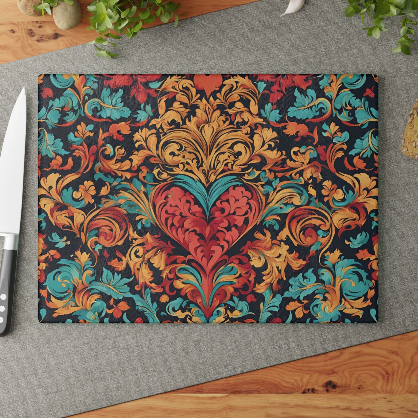 Kitchen Decor Glass Cutting Board Serving Tray with Heart Design Retro Damask Pattern Cutting Board Gift for Home Cook Charcuterie Board