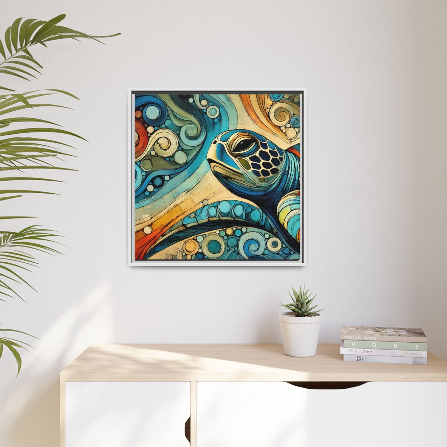 Modern Sea Turtle Print Abstract Design Unique Framed Canvas Print Oceanic Wall Art Animal Lover Gift Nature Lover Decor 3 frame colors